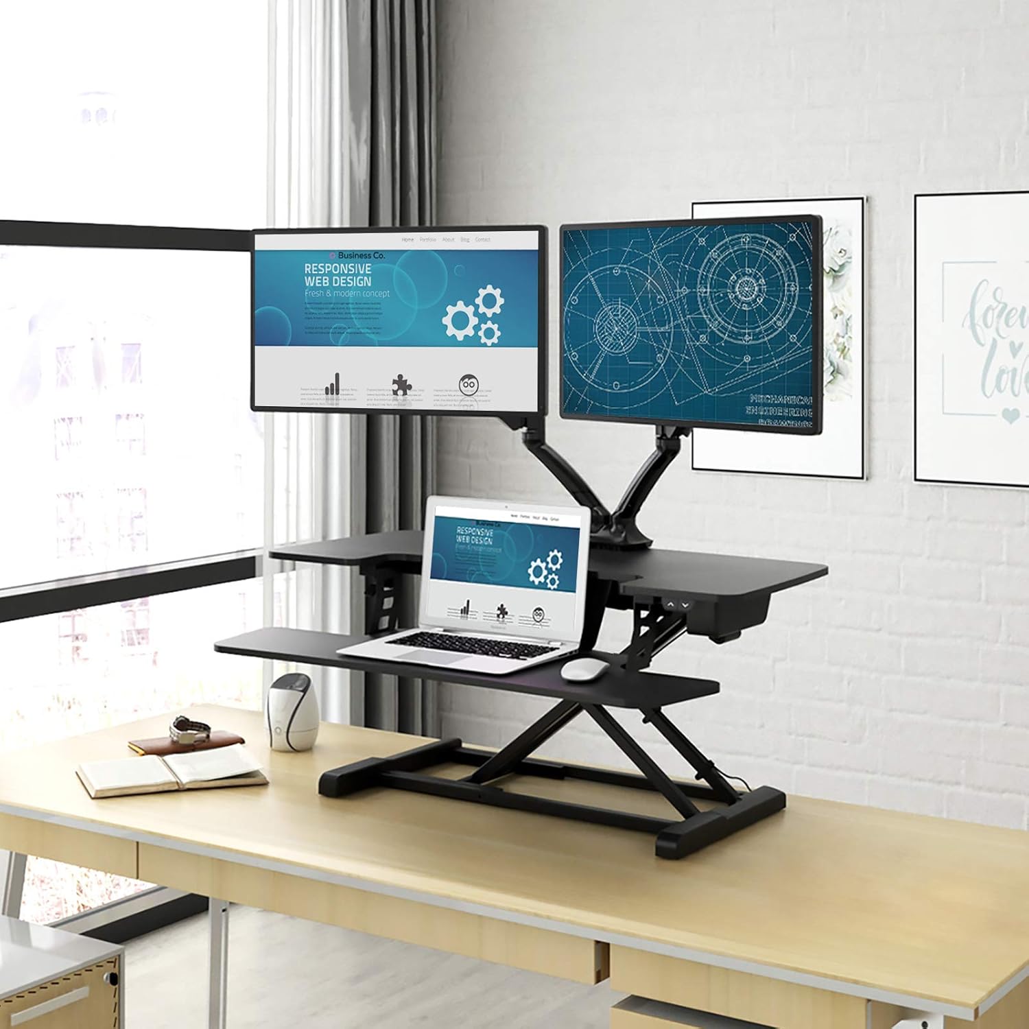 Motorized Standing Desk Converter 36" Wide Electric Stand up Desk Riser Black Height Adjustable Desk A140