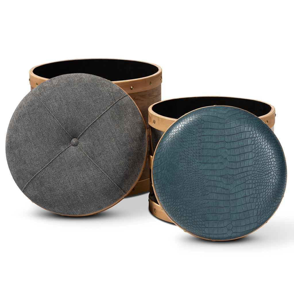 Grey Fabric and Blue Alligator Faux Leather 2-Piece Wood and Metal Storage Ottoman Set F589814