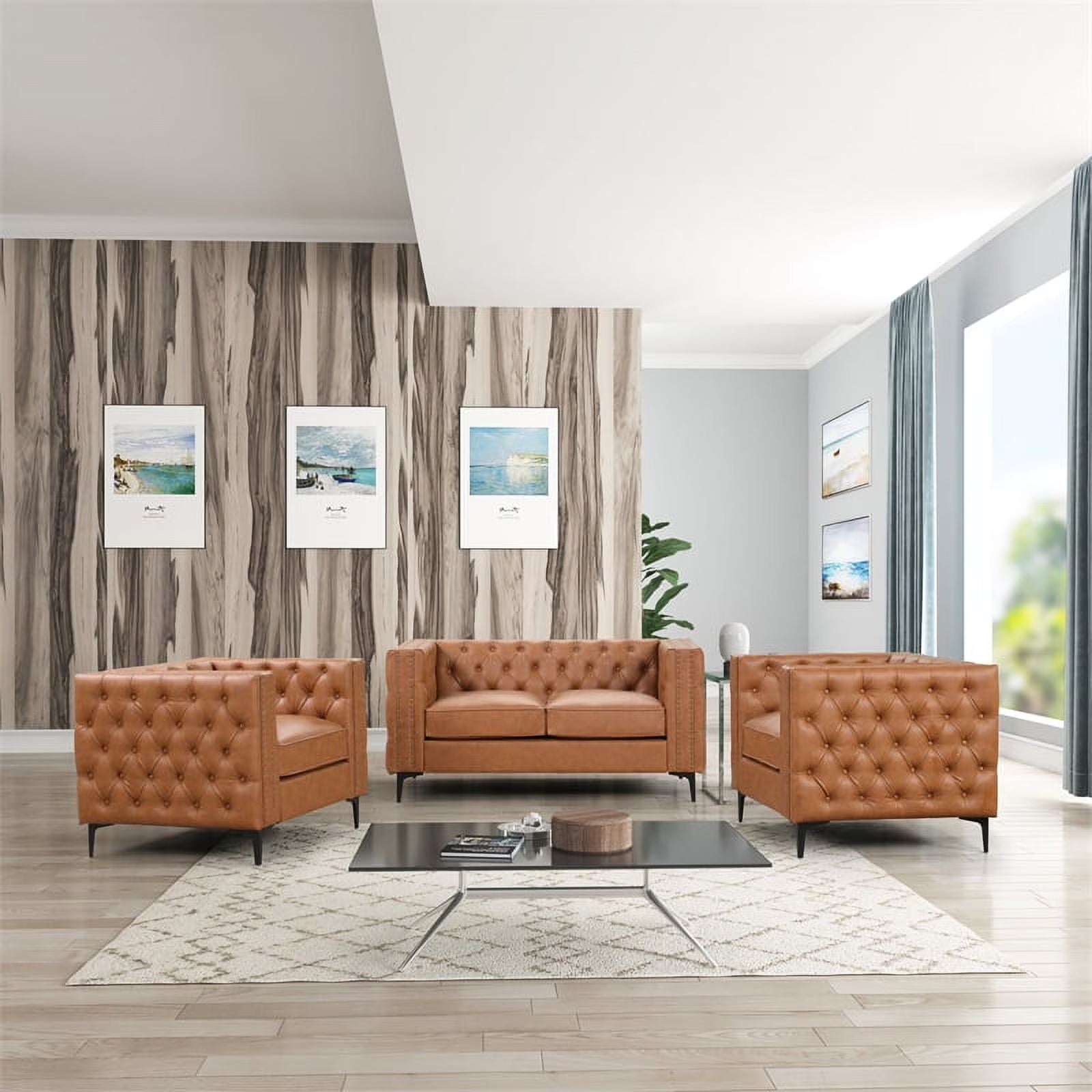3-PC Leather Loveseat and 2 Chairs Set Saddle Brown Q57516