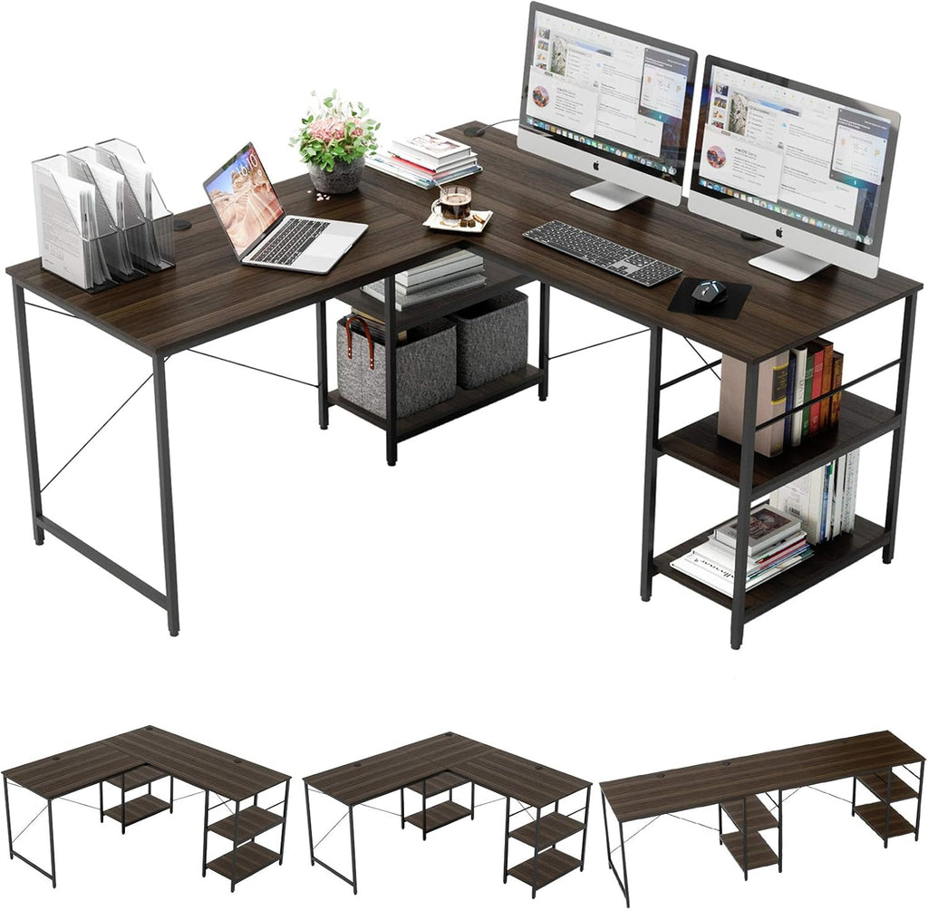 Grey Oak L Shaped Desk with Shelves 95.2 Inch Reversible Corner Computer Desk Z25486