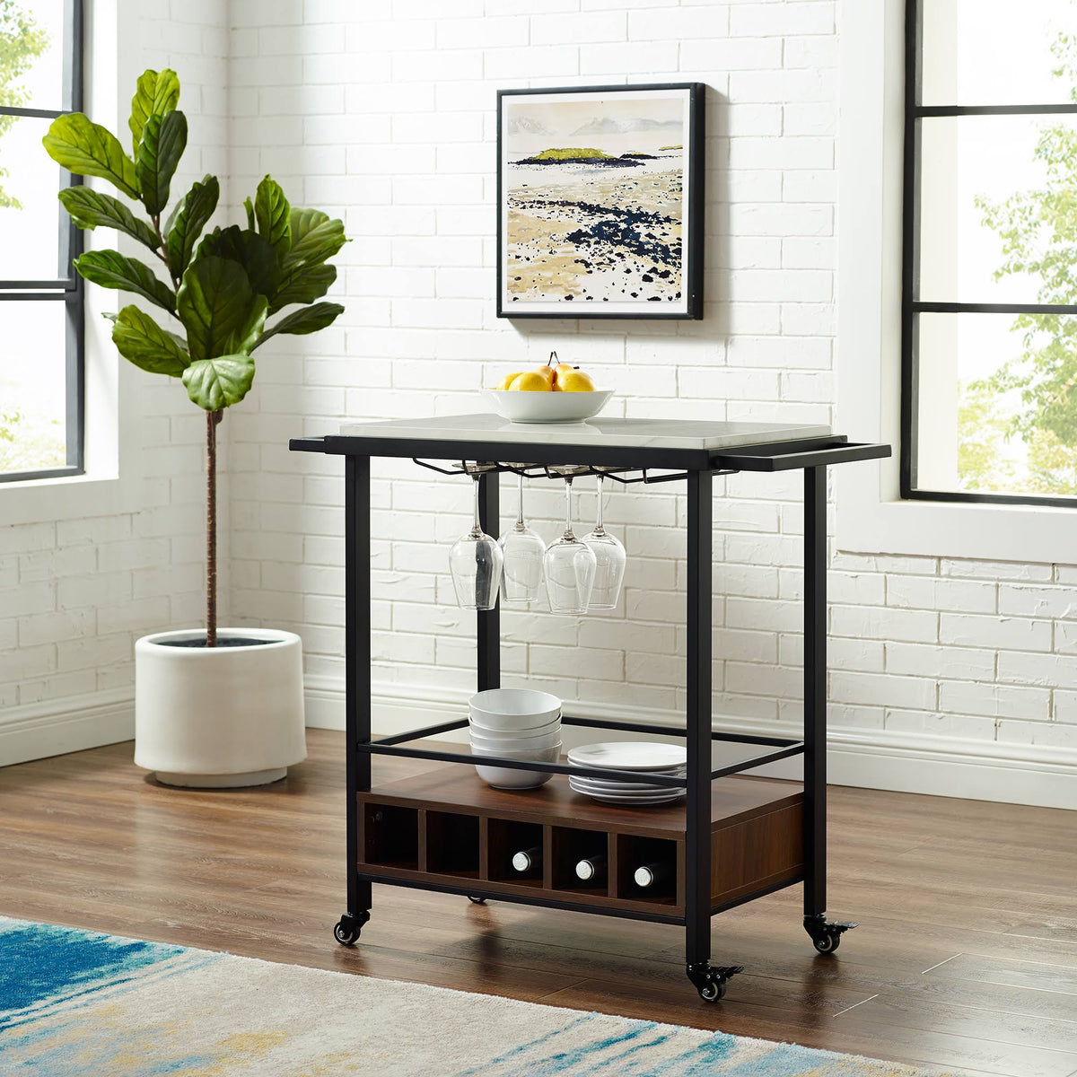 Faux White Marble Dark Walnut Serving Bar Cart Y84328