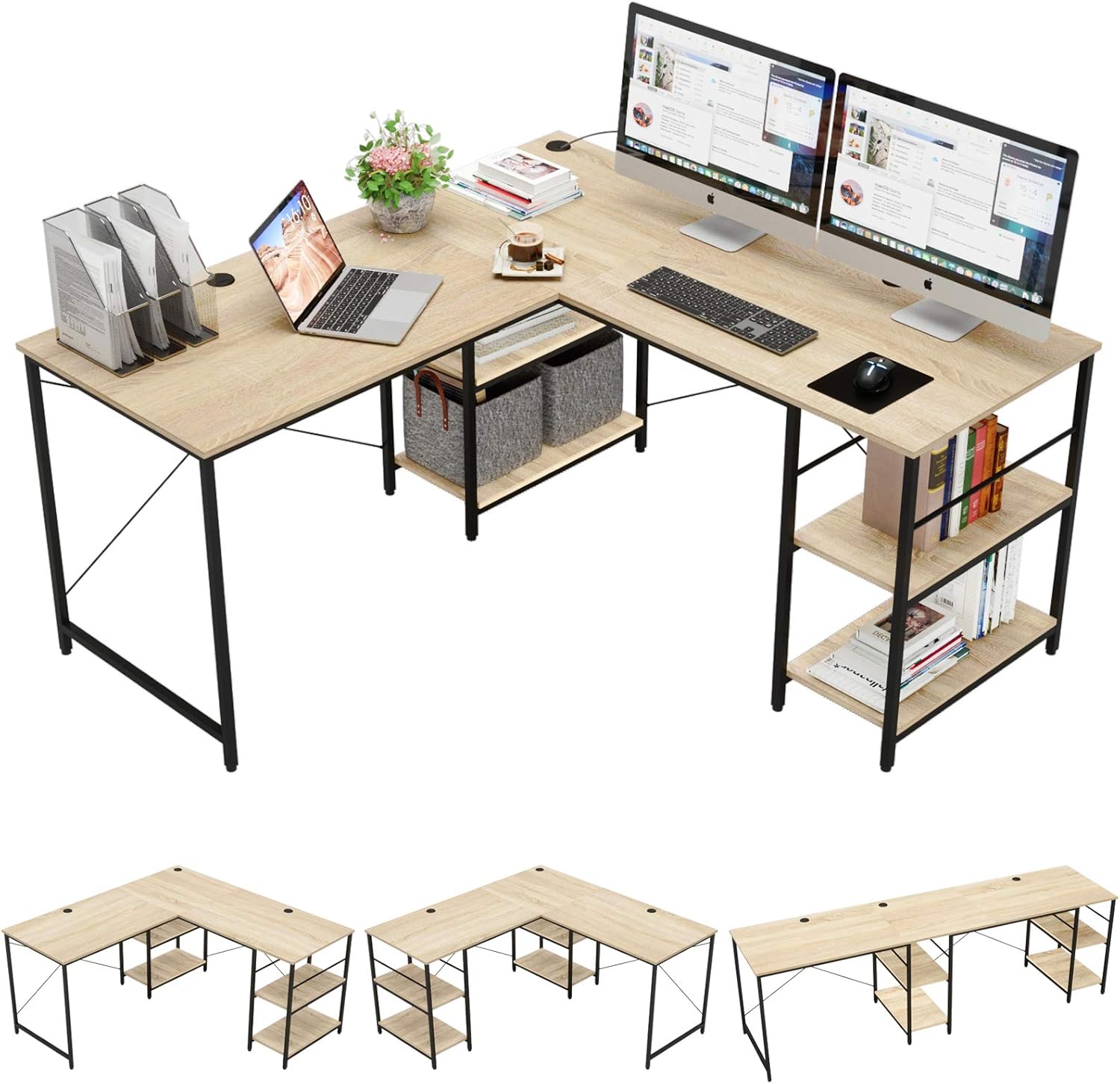 Grey Oak L Shaped Desk with Shelves 95.2 Inch Reversible Corner Computer Desk Z25486
