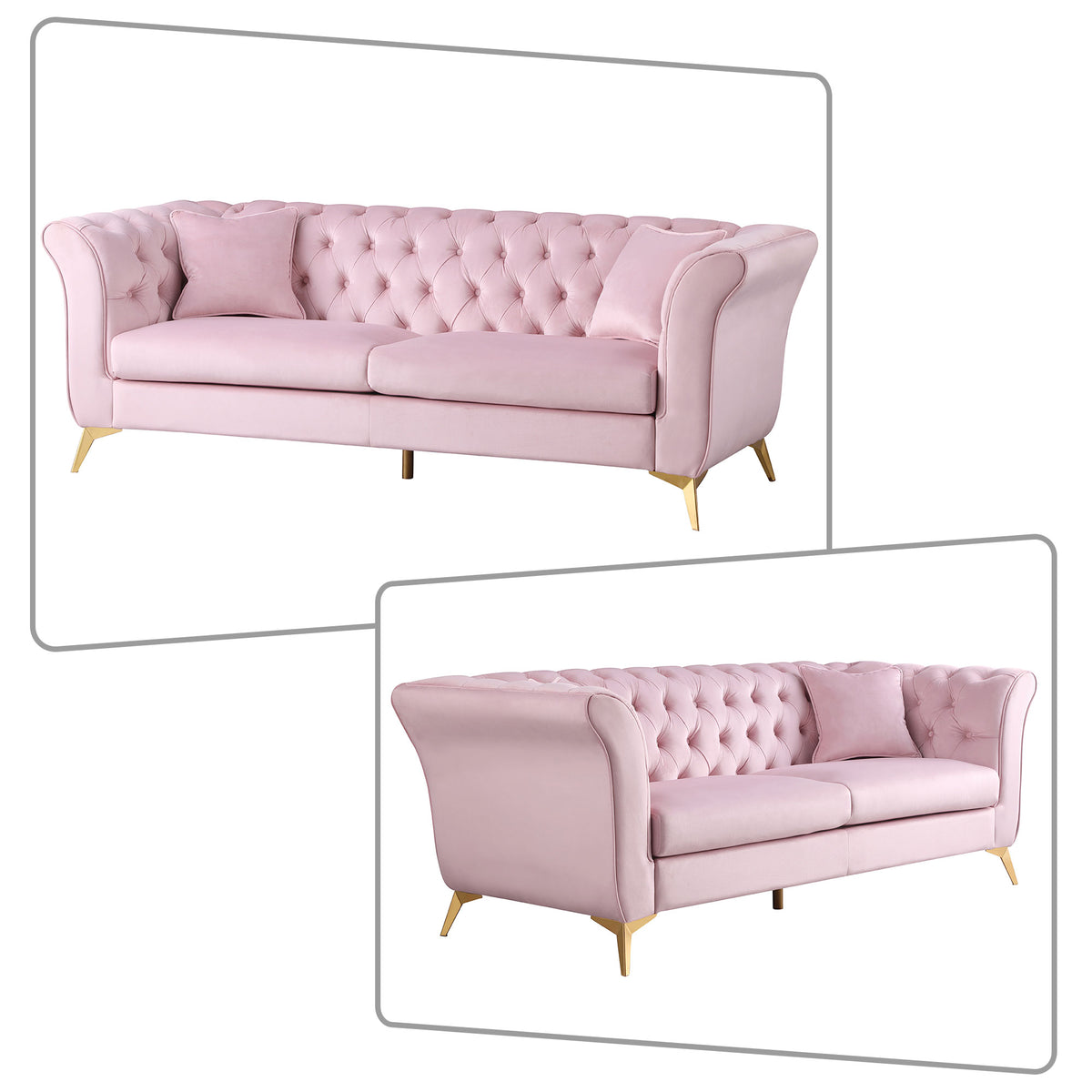 2-piece Velvet Upholstered Sofa with 4 Pillows and Metal Legs K772