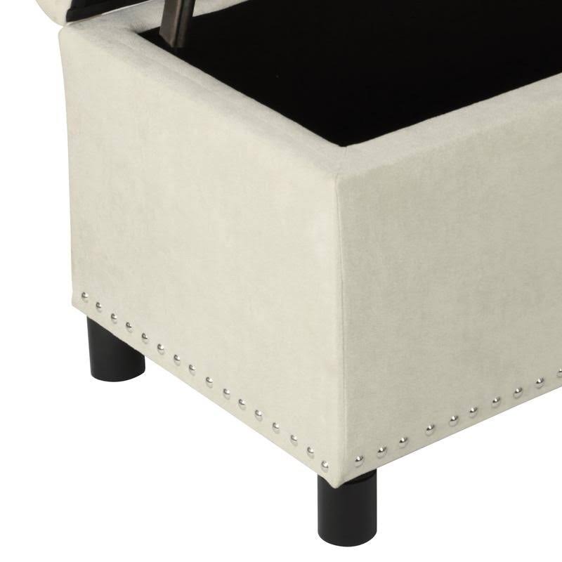 Beige Linen Storage Ottoman Bench with Nailhead Trim V126