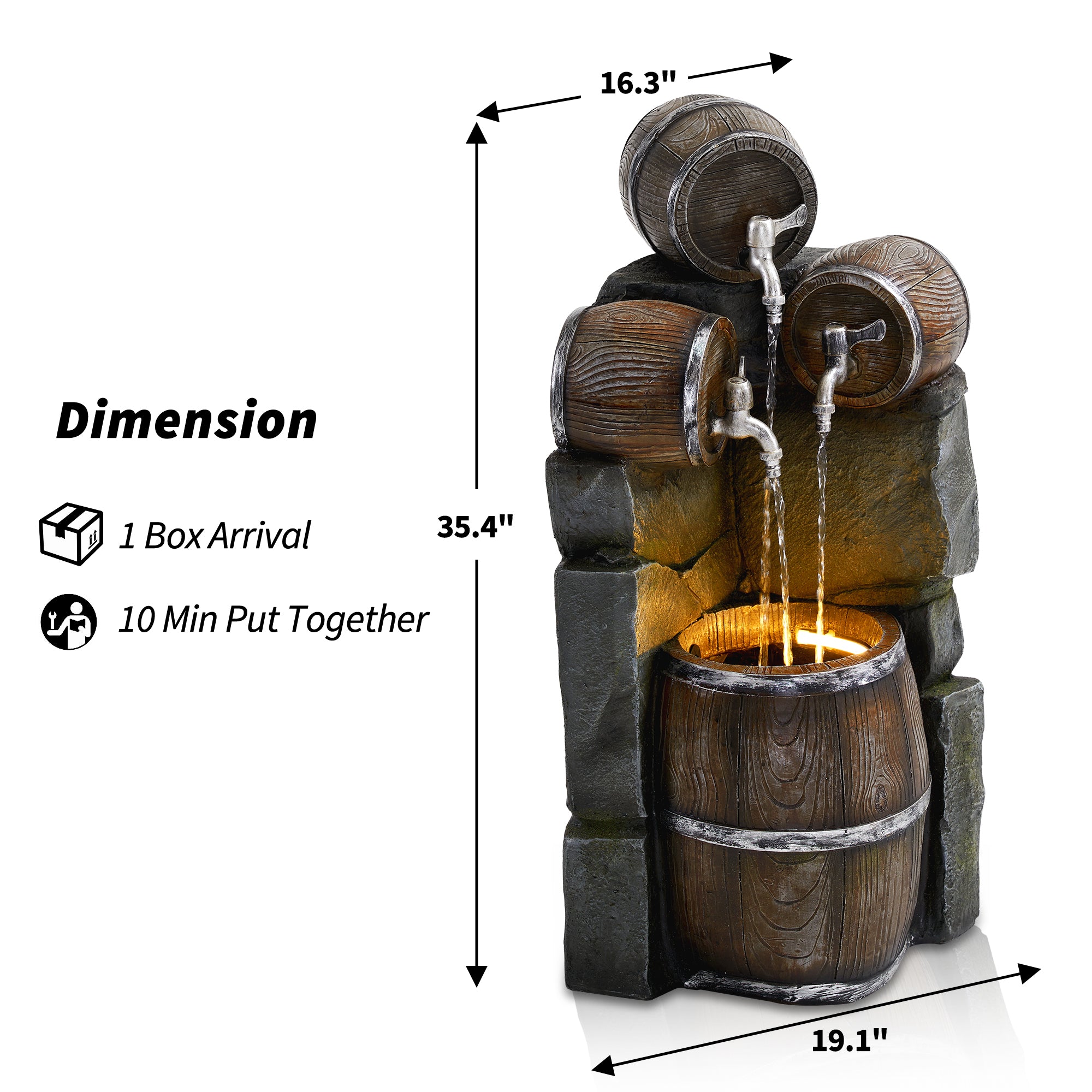 Whiskey Barrel Outdoor Freestanding Fountain with LED Lights U49801