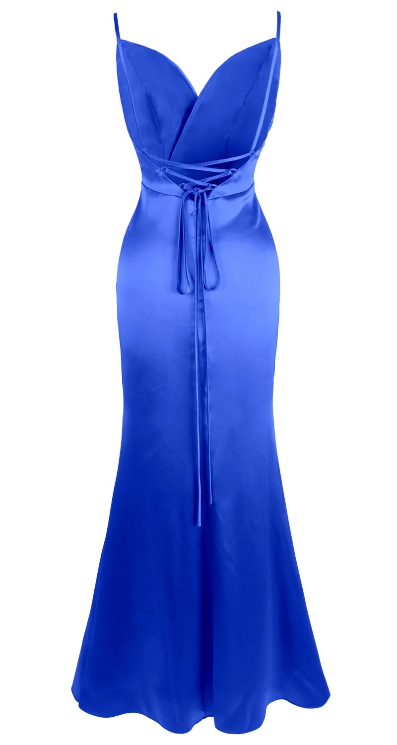 Blue Satin V-Neck Long Dress U1217