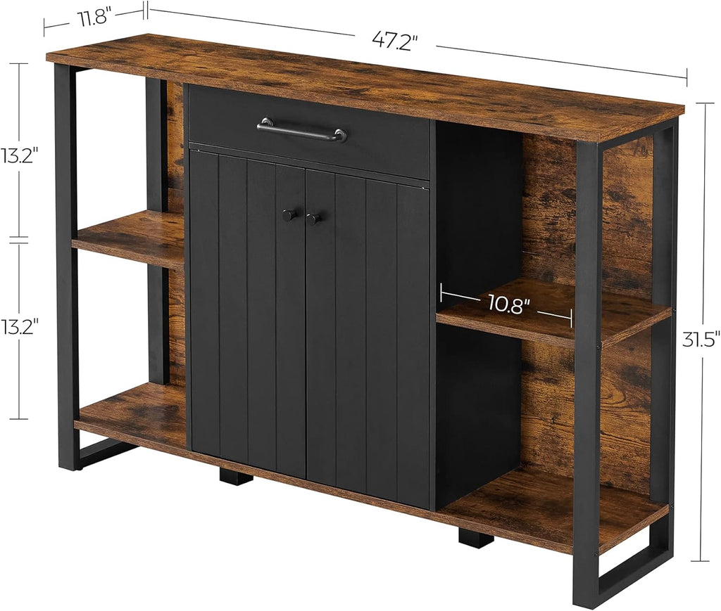 Rustic Brown and Black Steel Frame Buffet Cabinet with Drawer and Shelves T49802