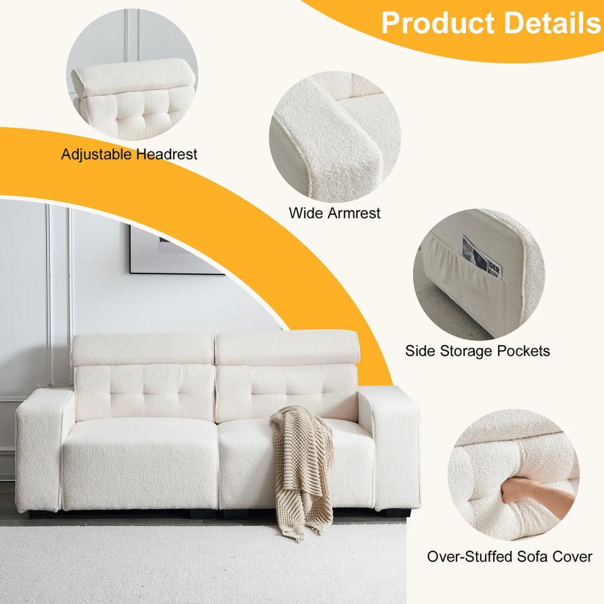 Off-White Teddy Velvet 2-Seat Sofa Bed with Detachable Armrests D263660