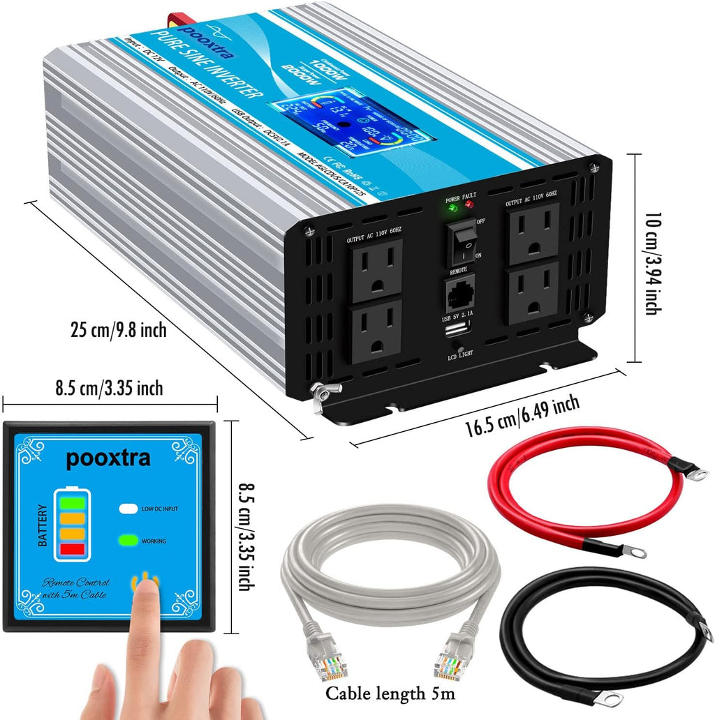 2000 Watt Pure Sine Wave Power Inverter 12V DC to 110V AC with LCD Display USB Port 4 AC Outlets J241