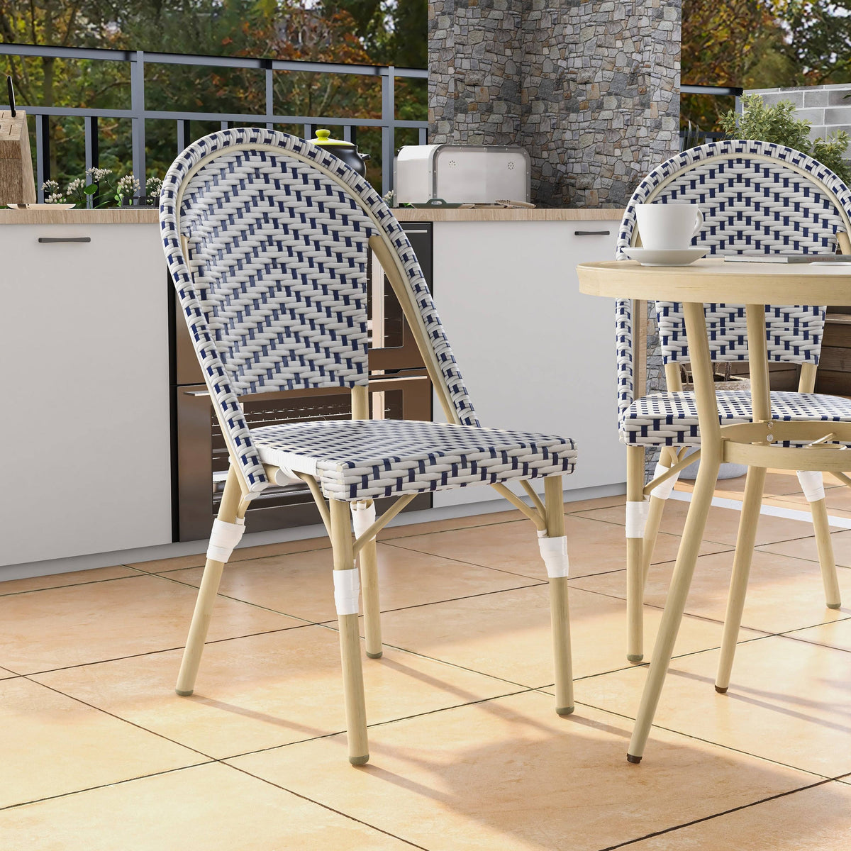 Natural Tone Patio Bistro Chairs (Set of 2) - Blue & White R16327