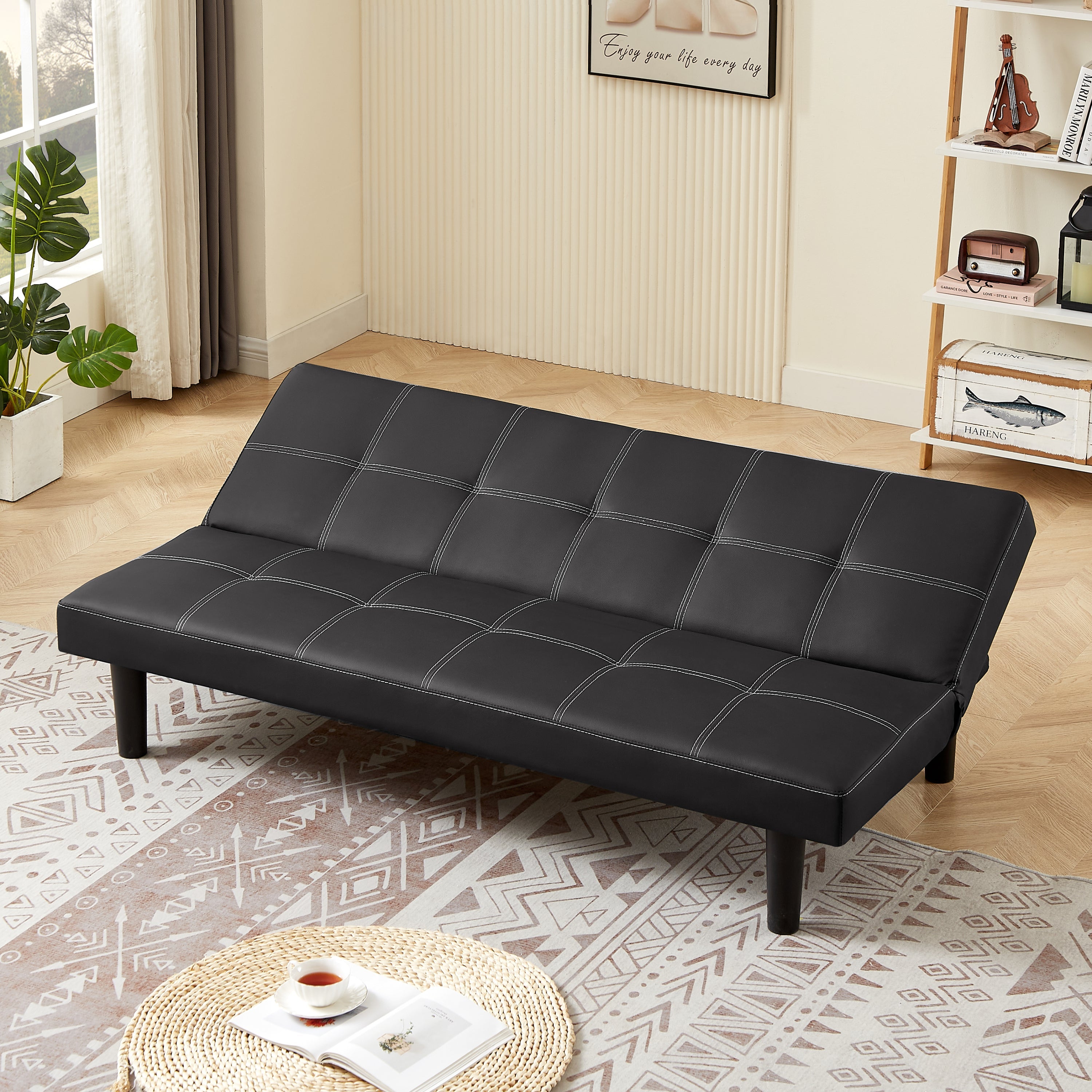 Black PU Convertible Sofa Bed O79738