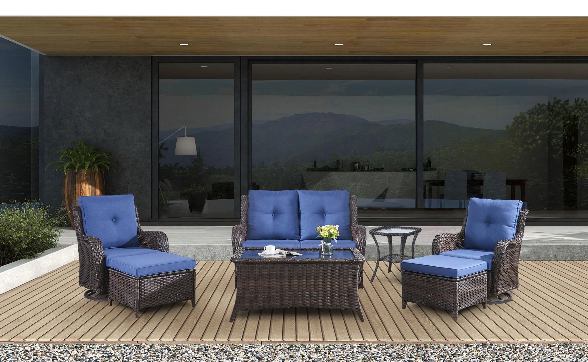 Blue 7Pcs Outdoor Rattan Patio Furniture Set with Cushion A33364