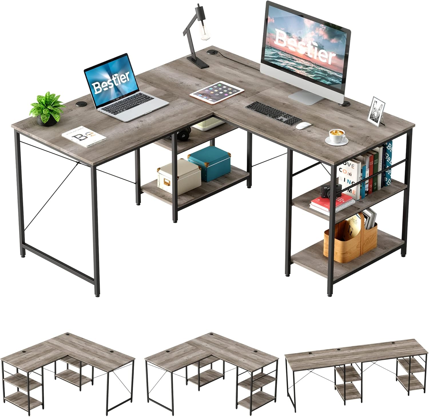 Grey Oak L Shaped Desk with Shelves 95.2 Inch Reversible Corner Computer Desk Z25486