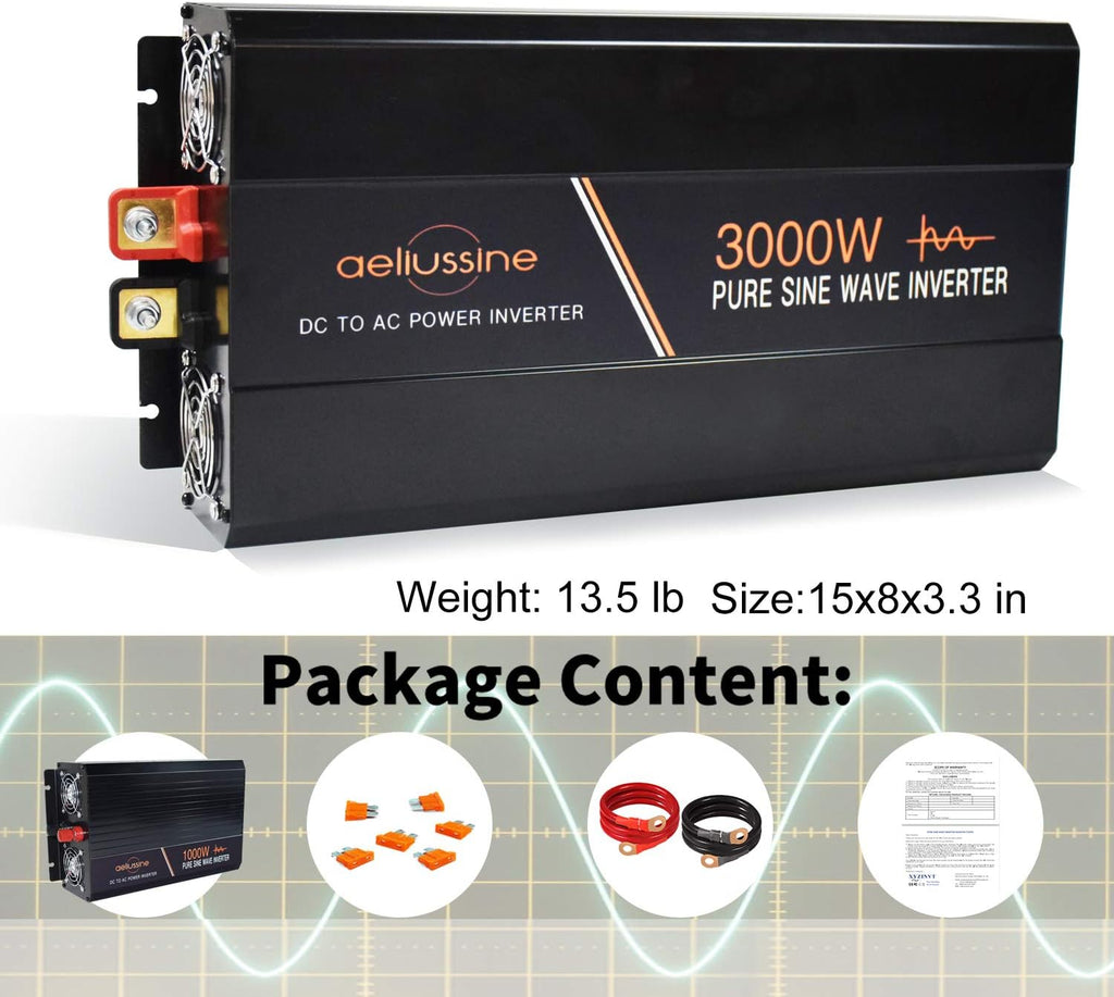 3000 Watt Pure Sine Wave Power Inverter 24 Volt DC to AC 110V 120V with LCD Display Remote Switch A5295