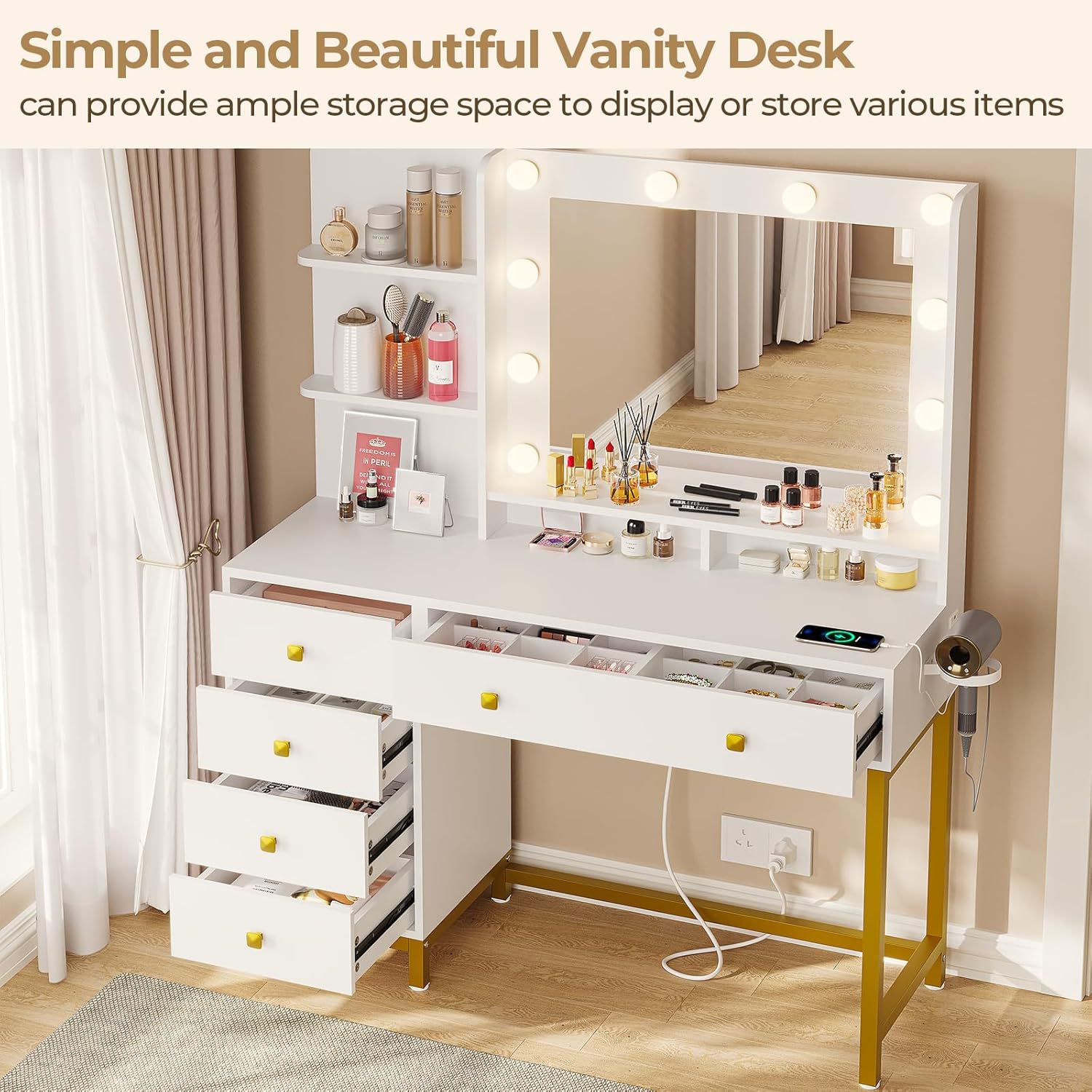 White Vanity Desk with Mirror, LED Lights, 5 Drawers and 3 Storage Shelves R2471