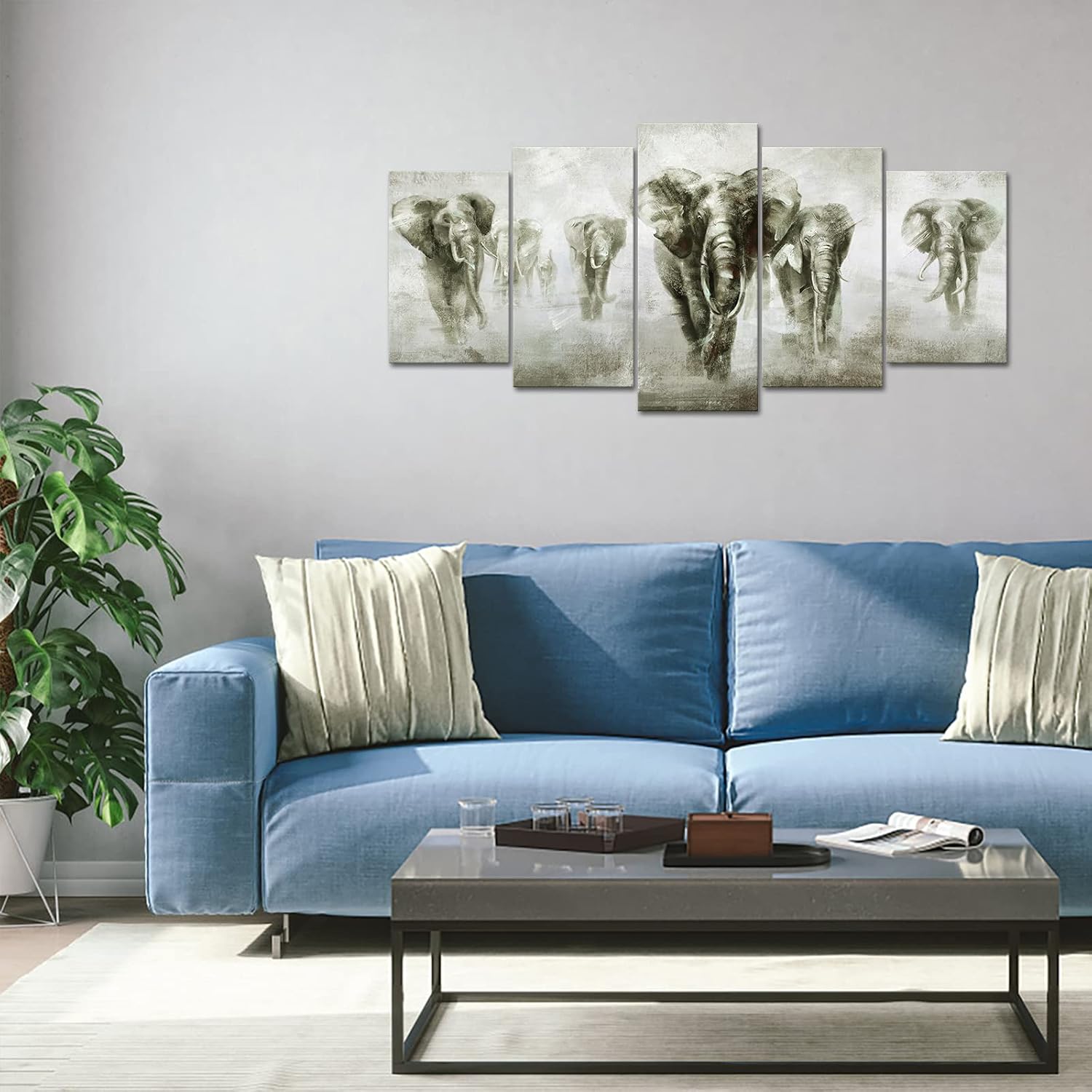 5 Panel Black and White Grey Elephant Canvas Wall Art G109420