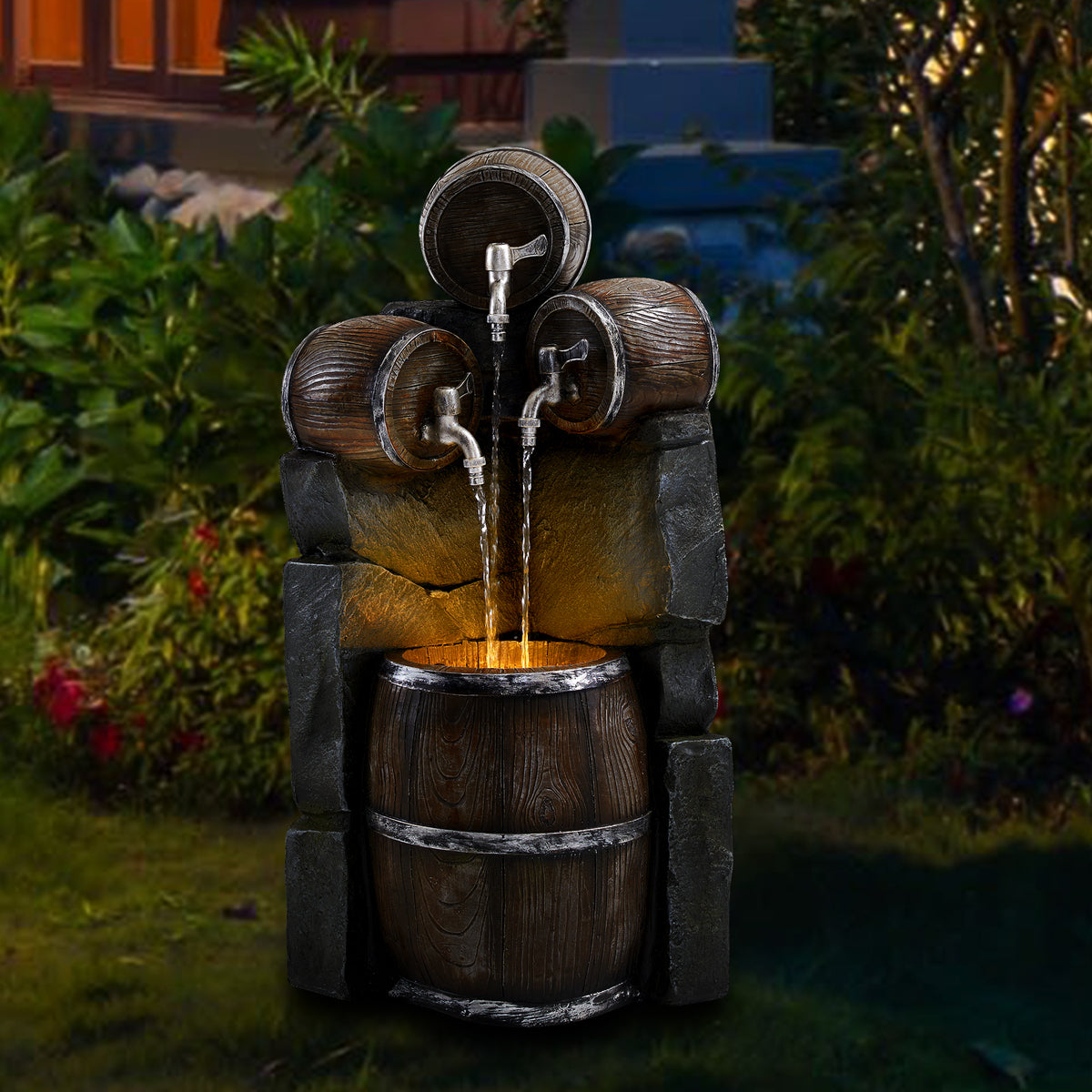 Whiskey Barrel Outdoor Freestanding Fountain with LED Lights U49801
