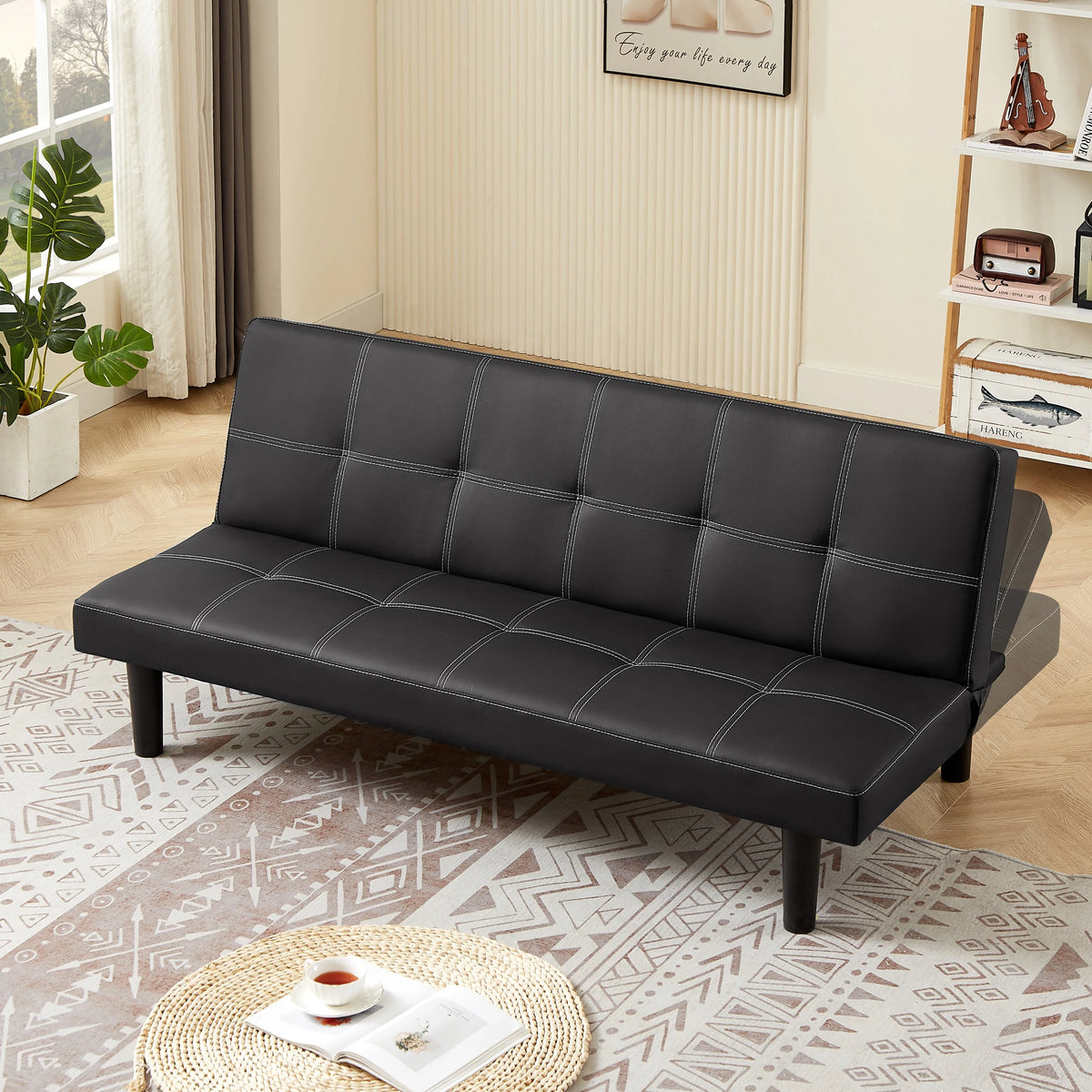 Black PU Convertible Sofa Bed O79738