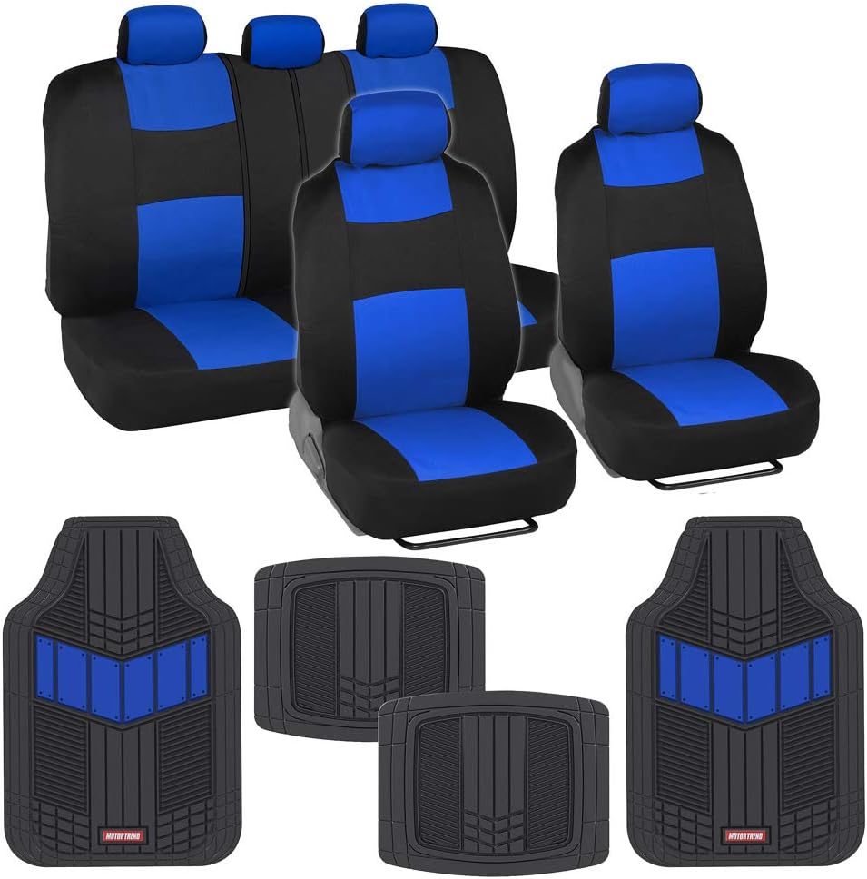Two-Tone PolyPro Car Seat Covers Full Set with Heavy Duty Rubber Car Floor Mats, Black & Gray W9075