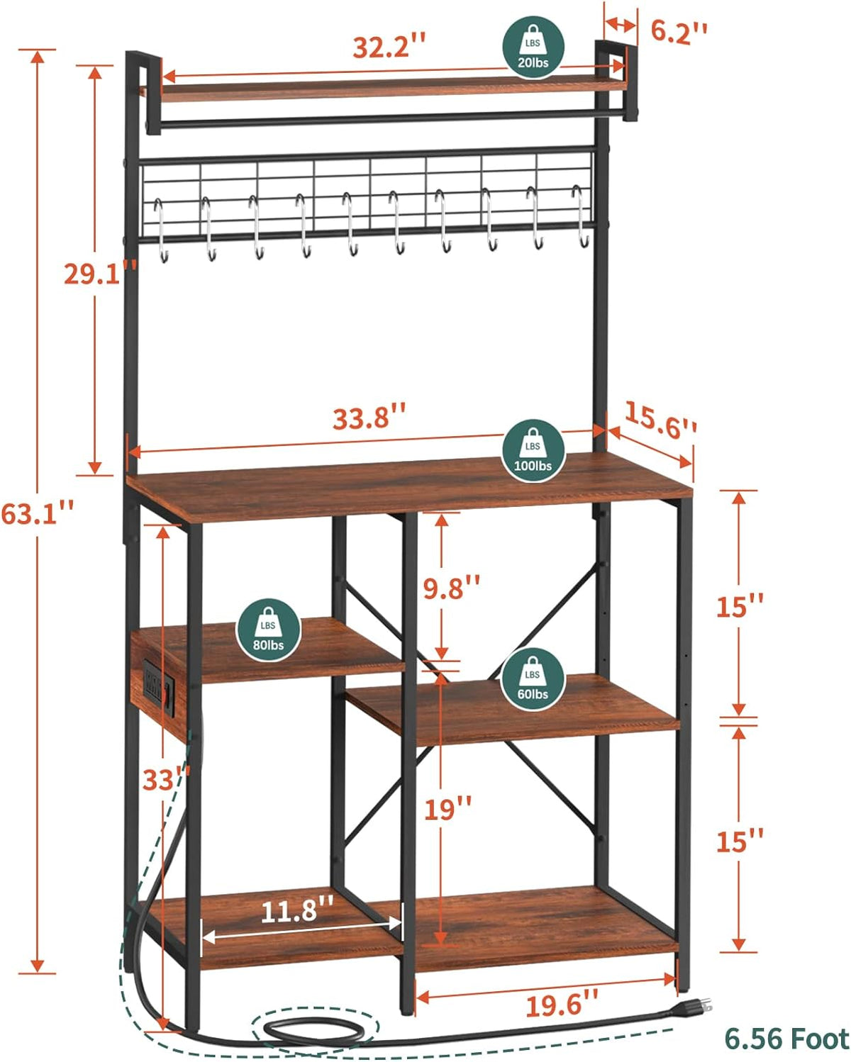 Industrial Bakers Rack with Power Outlet, 10 Hooks Y5214