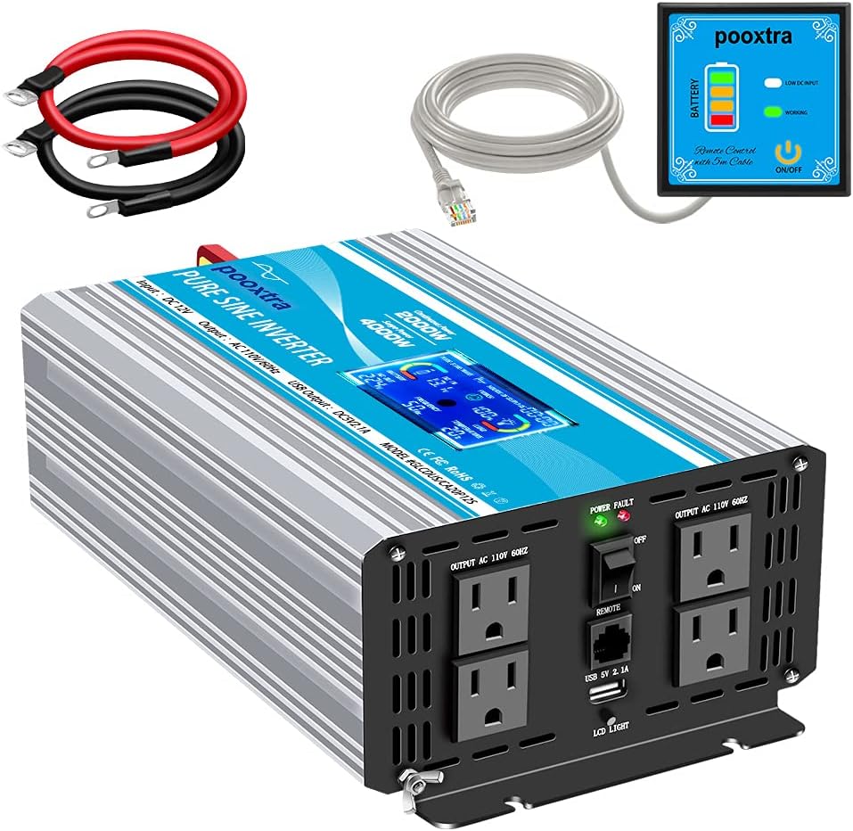 2000 Watt Pure Sine Wave Power Inverter 12V DC to 110V AC with LCD Display USB Port 4 AC Outlets J241