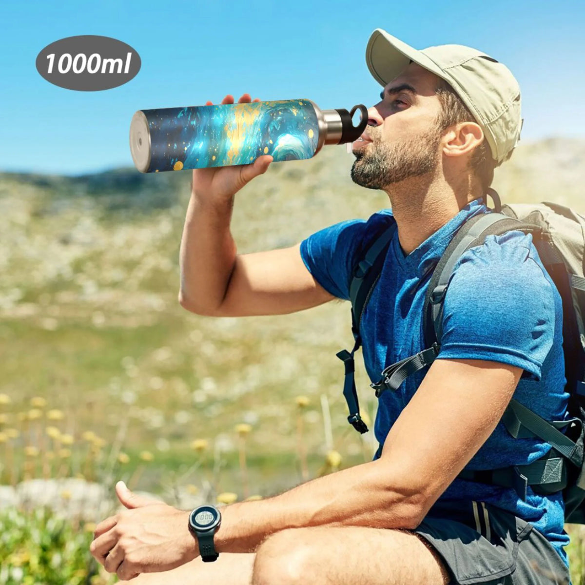Blue and Golden Stainless Steel Insulated Water Bottle with Straw Lid H2070