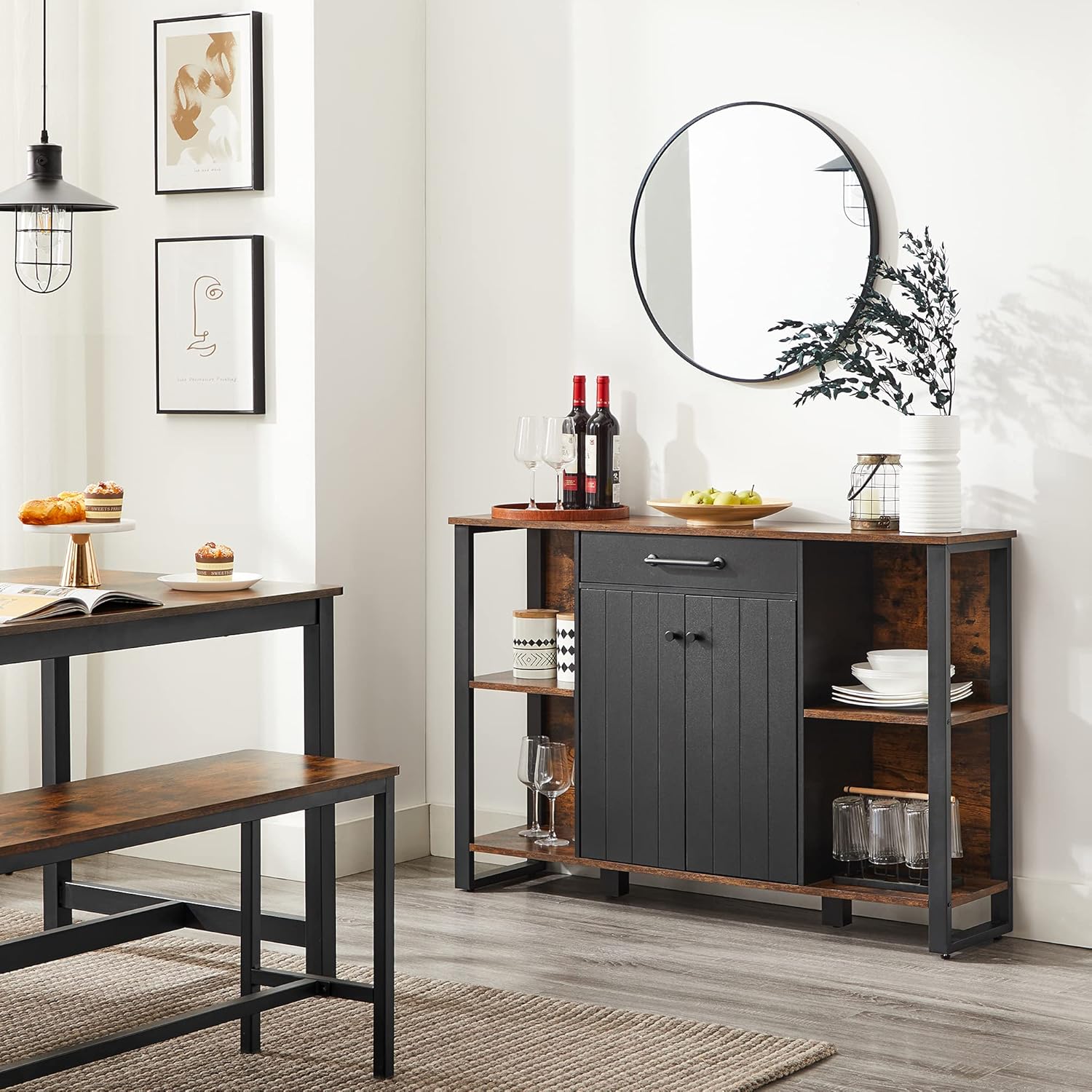 Rustic Brown and Black Steel Frame Buffet Cabinet with Drawer and Shelves T49802