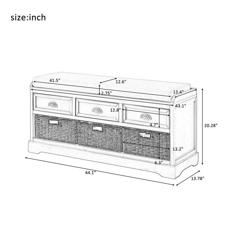 White Wood Storage Bench with 3 Drawers and 3 Baskets T590985