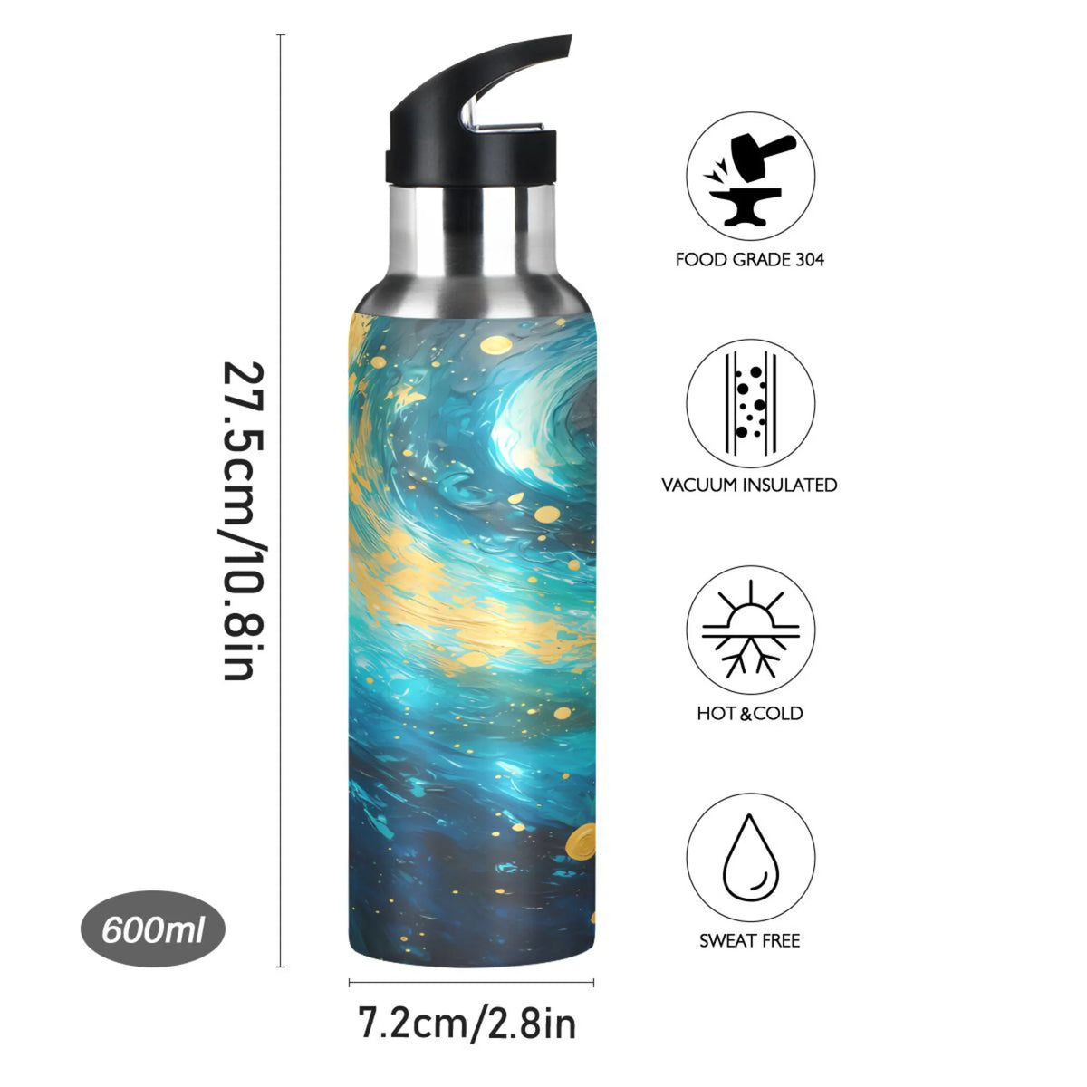 Blue and Golden Stainless Steel Insulated Water Bottle with Straw Lid H2070