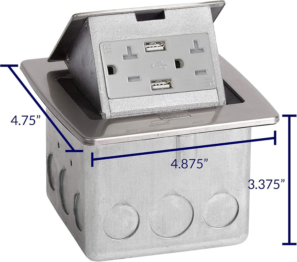 Pop Up Countertop Box with 15A Power and 2 USB Receptacle, Stainless Steel T72671