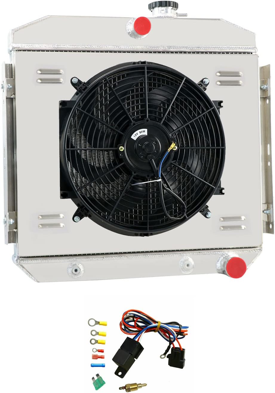 3 Row Core Aluminum Radiator Thermostat Shroud 14" Fans for 1955-1957 Chevy Belair R345