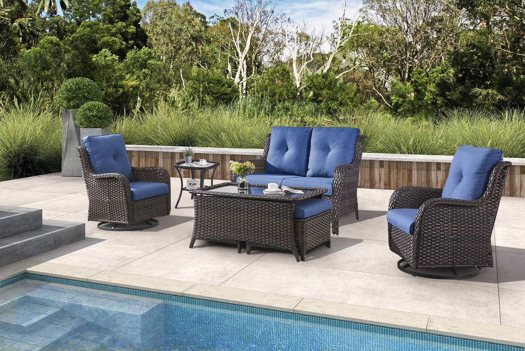Blue 7Pcs Outdoor Rattan Patio Furniture Set with Cushion A33364