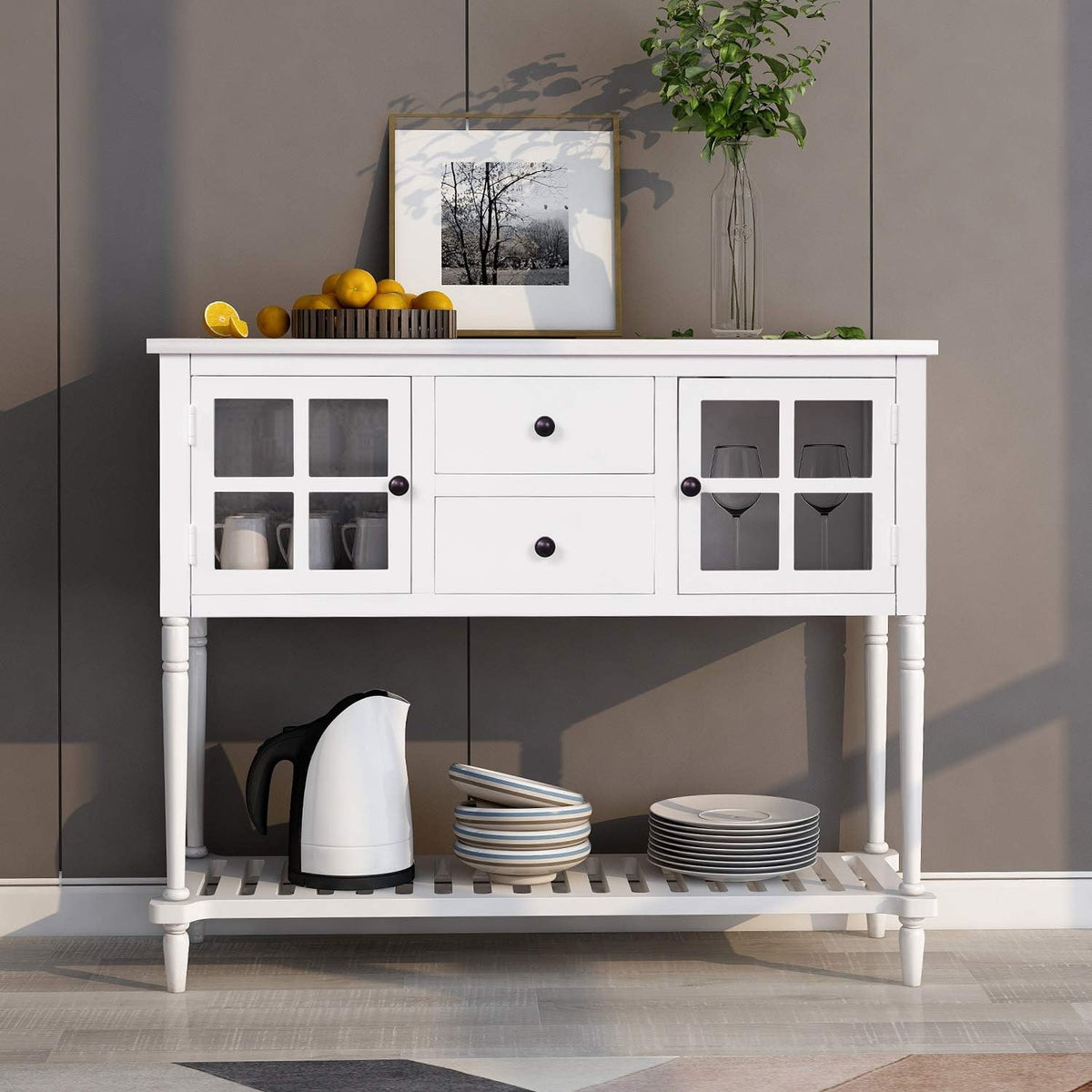 Antique Gray Console Table with Glass Doors and Drawers E6934