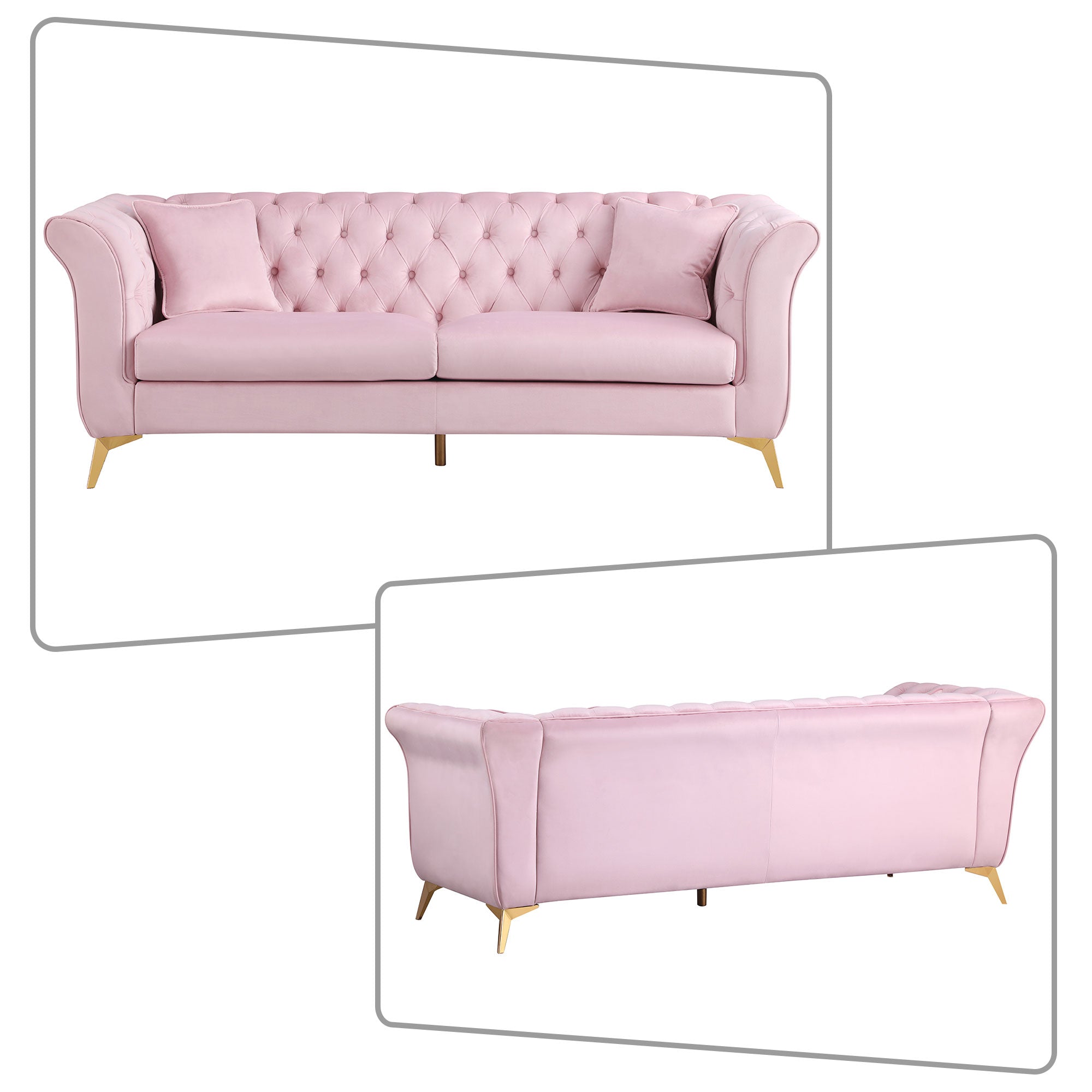 2-piece Velvet Upholstered Sofa with 4 Pillows and Metal Legs K772