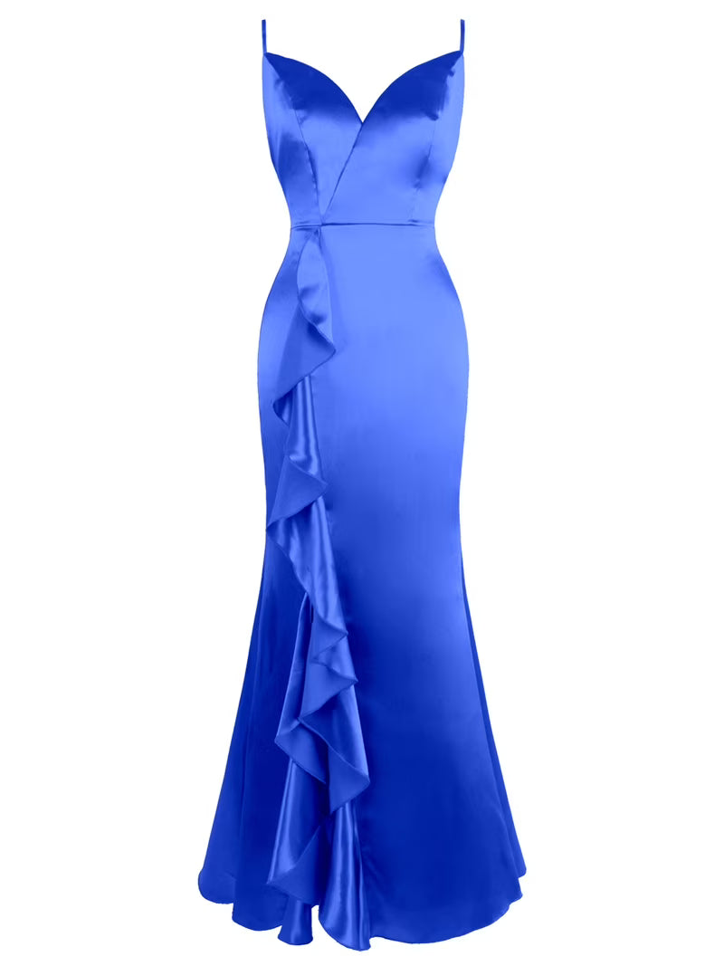 Blue Satin V-Neck Long Dress U1217