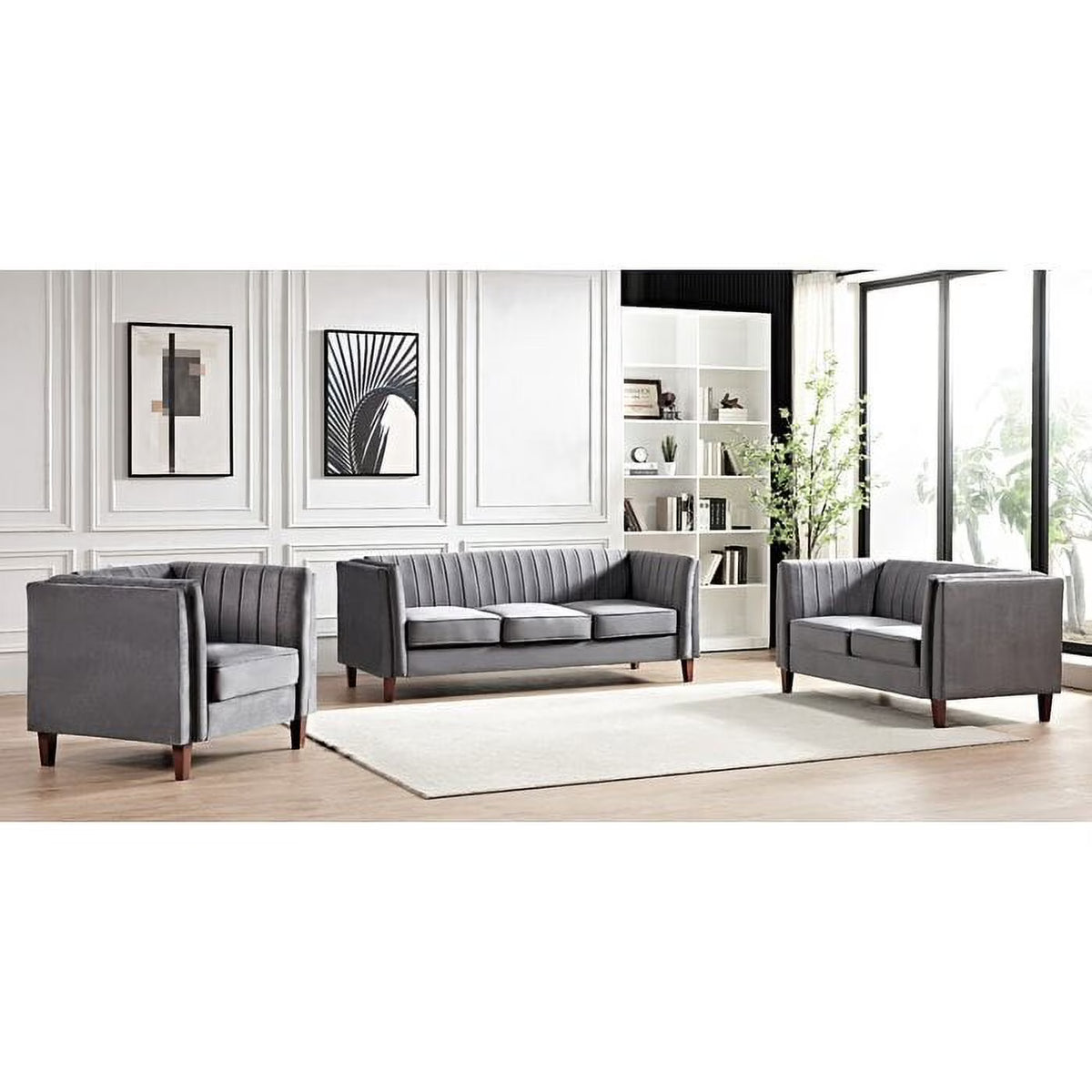 Tufted Velvet 3PCS Chair Loveseat Sofa Set O2819