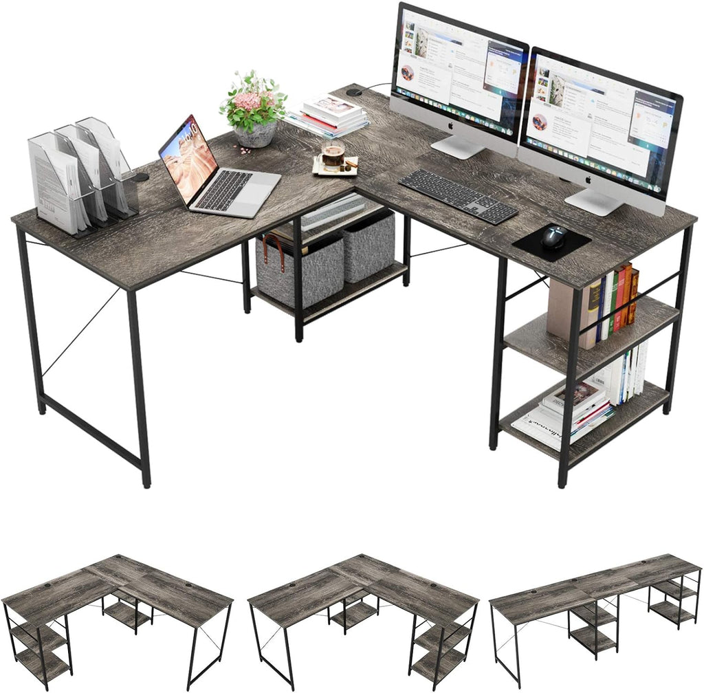 Grey Oak L Shaped Desk with Shelves 95.2 Inch Reversible Corner Computer Desk Z25486