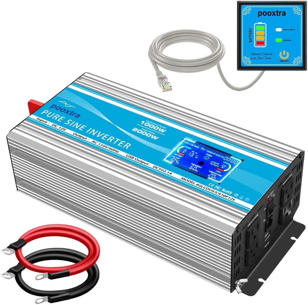 2000 Watt Pure Sine Wave Power Inverter 12V DC to 110V AC with LCD Display USB Port 4 AC Outlets J241