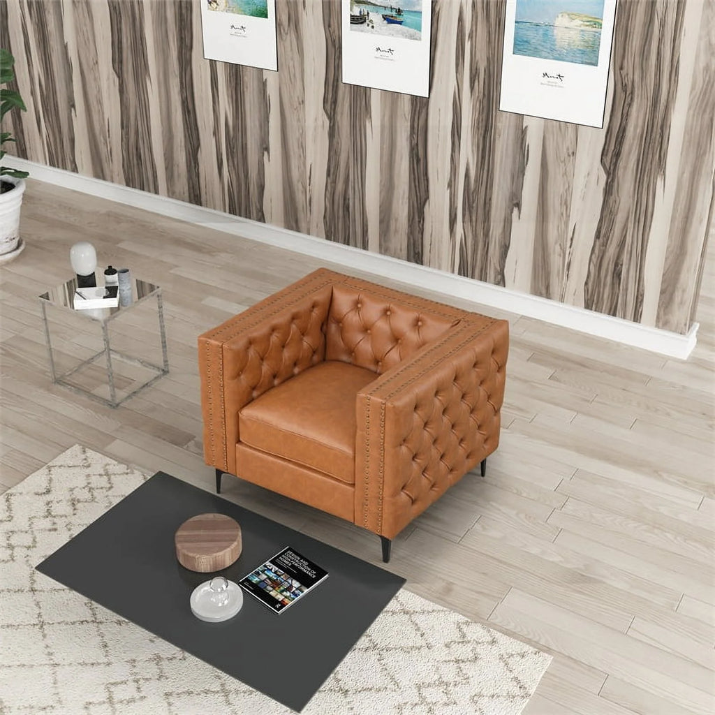 3-PC Leather Loveseat and 2 Chairs Set Saddle Brown Q57516