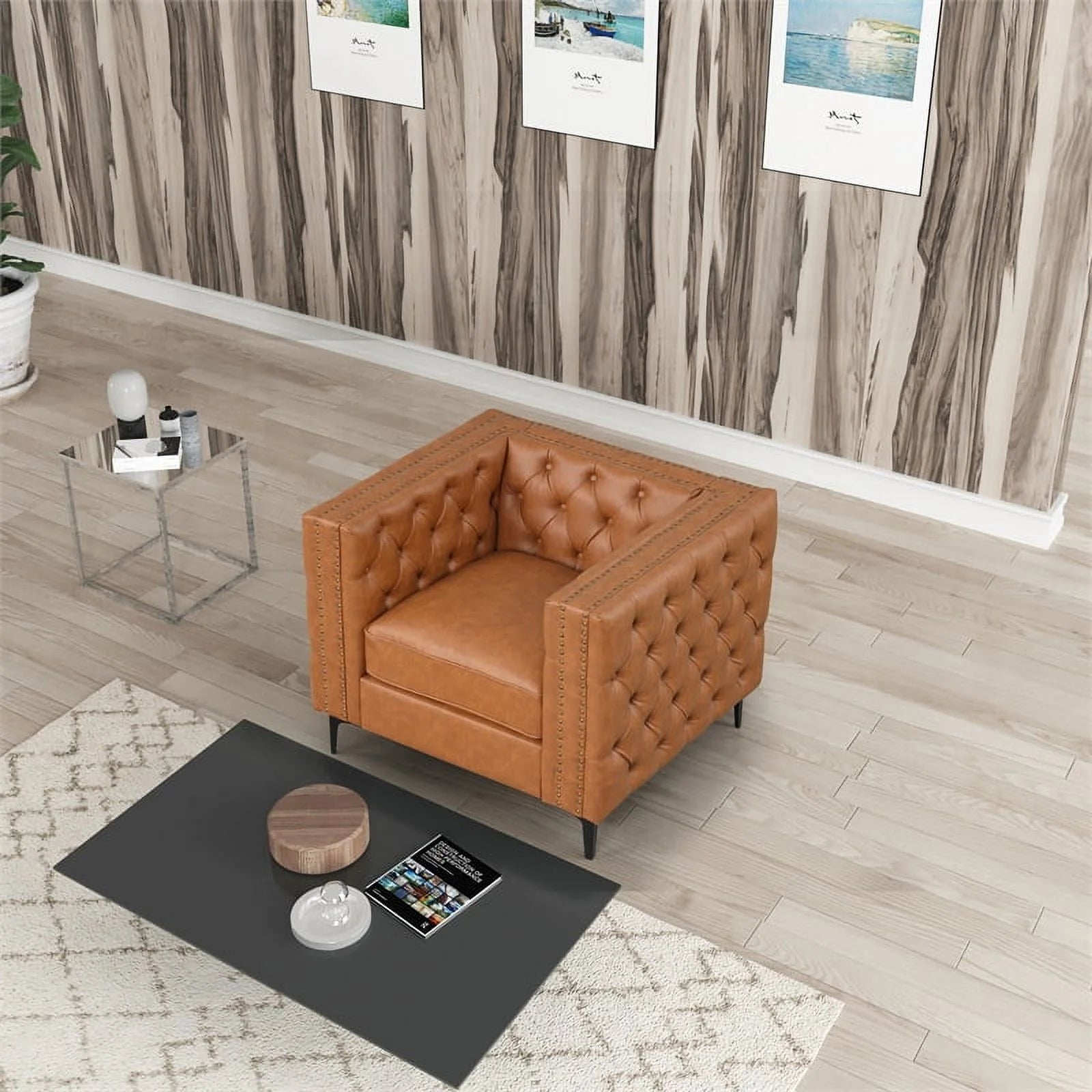 3-PC Leather Loveseat and 2 Chairs Set Saddle Brown Q57516