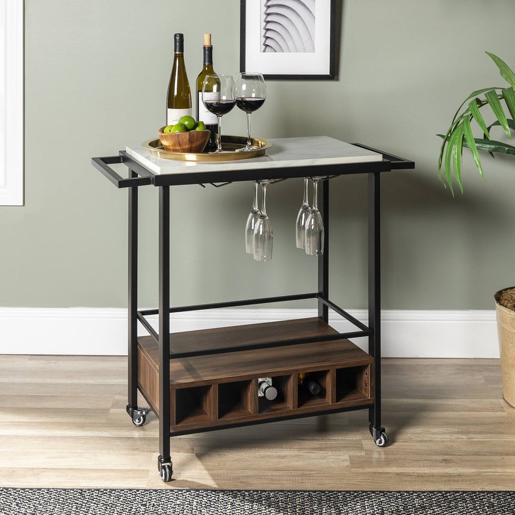 Faux White Marble Dark Walnut Serving Bar Cart Y84328
