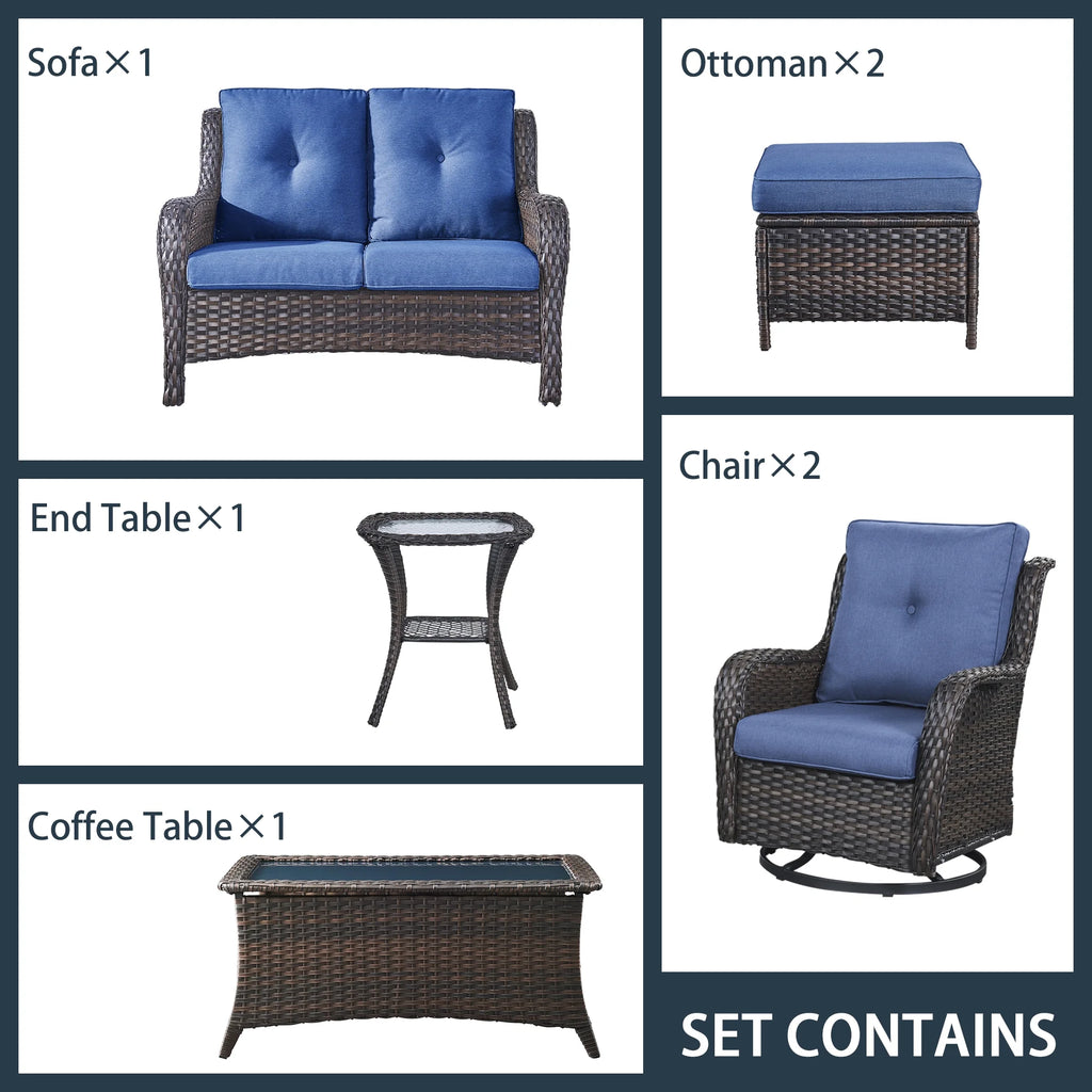 Blue 7Pcs Outdoor Rattan Patio Furniture Set with Cushion A33364