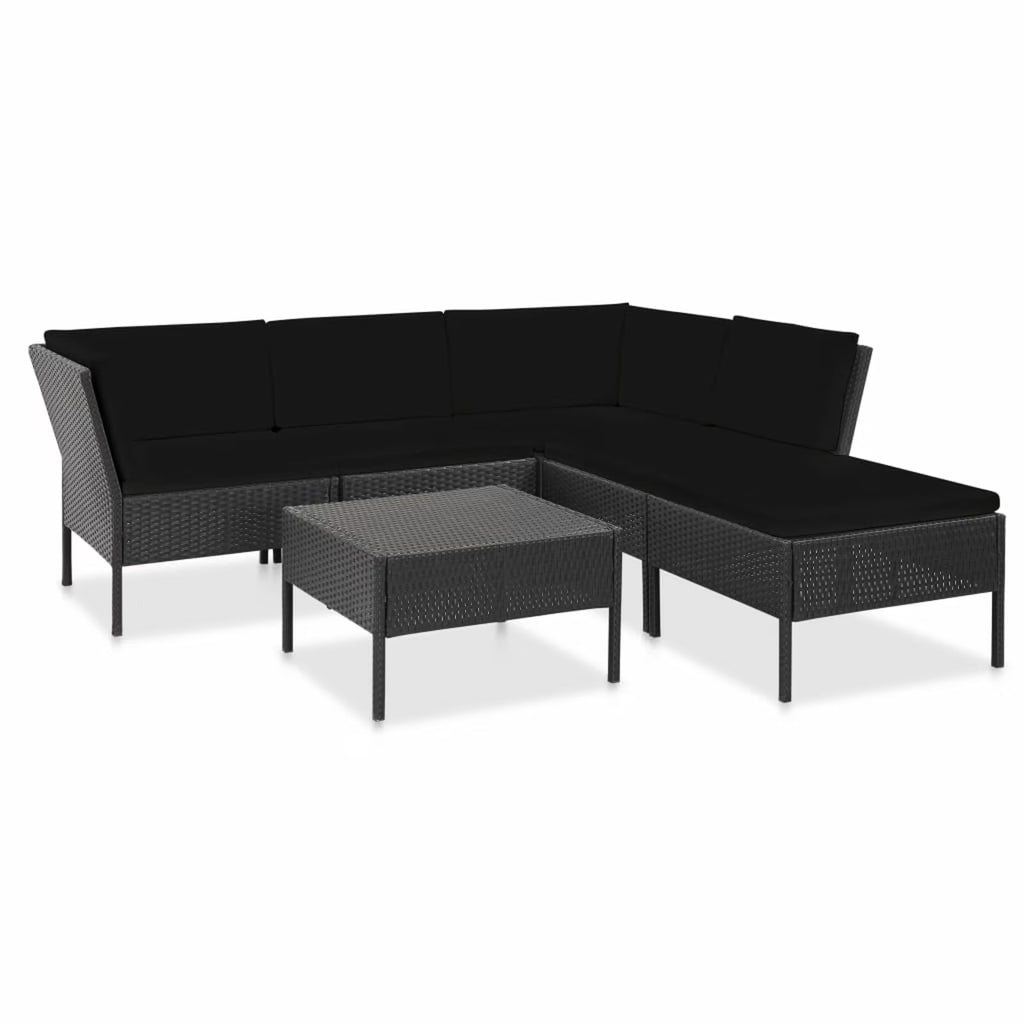6 Piece Outdoor Conversation Set with 2 Corner 2 Middle Sofas Coffee Table Ottoman Black Poly Rattan Patio Sectional Set A66328