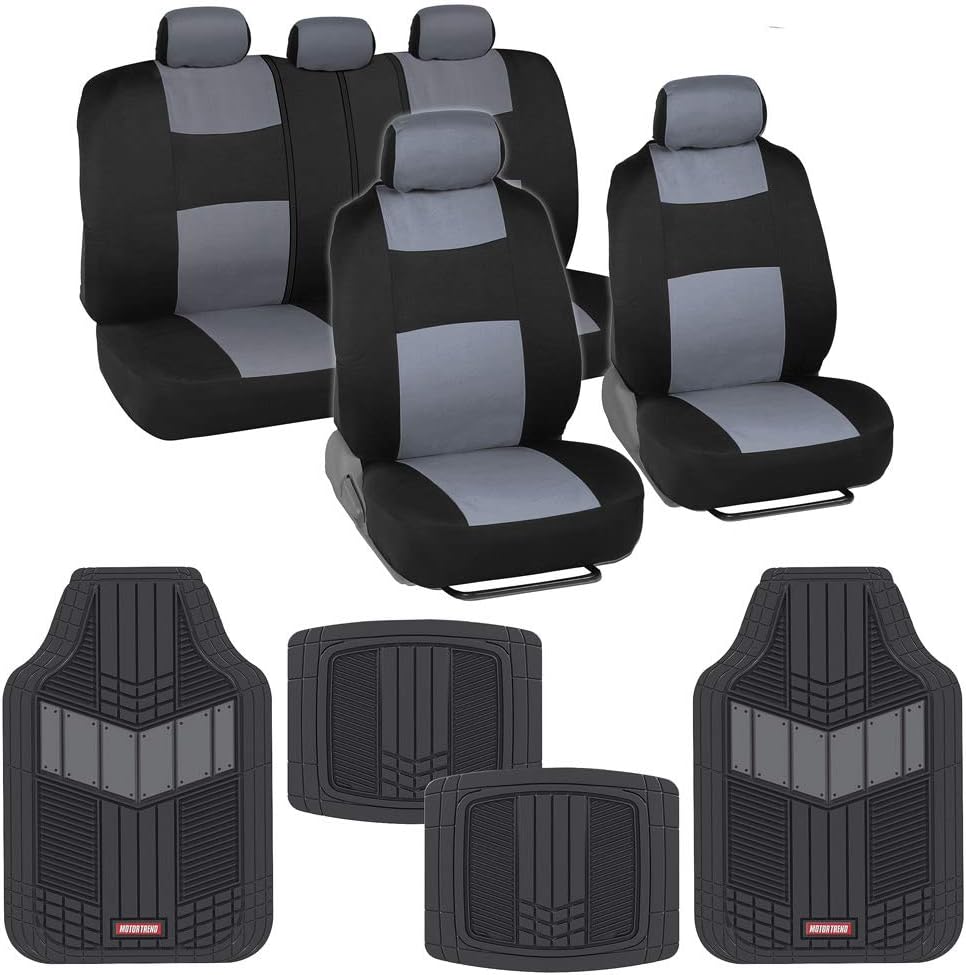 Two-Tone PolyPro Car Seat Covers Full Set with Heavy Duty Rubber Car Floor Mats, Black & Gray W9075