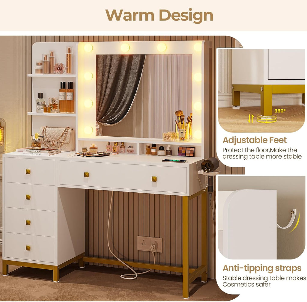 White Vanity Desk with Mirror, LED Lights, 5 Drawers and 3 Storage Shelves R2471
