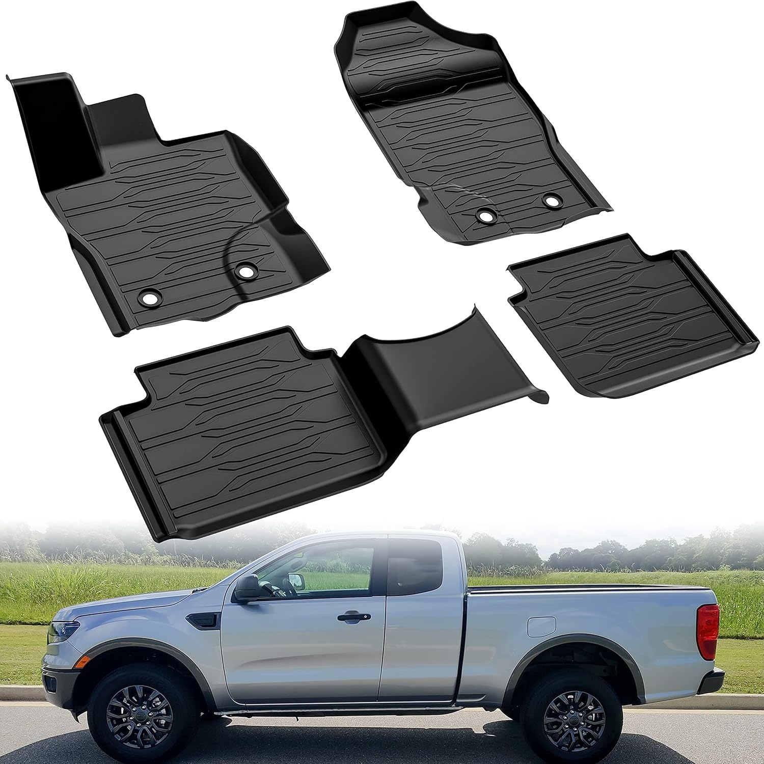 Black Front Rear 2 Row Floor Liner Set for Toyota Tacoma Double Cab 2018-2021 Q608065