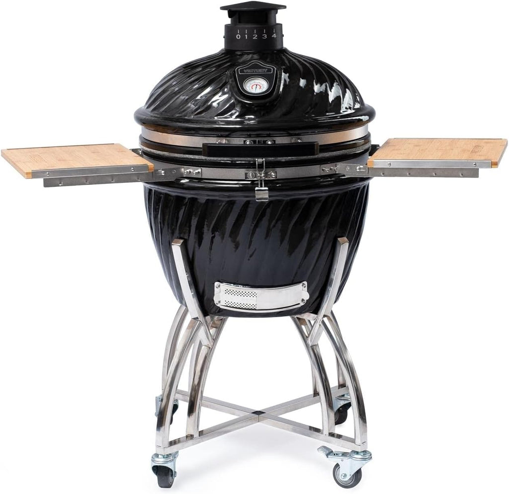 21-Inch Kamado Grill & Smoker with Stainless Steel Cart and Bamboo Side Shelves O667