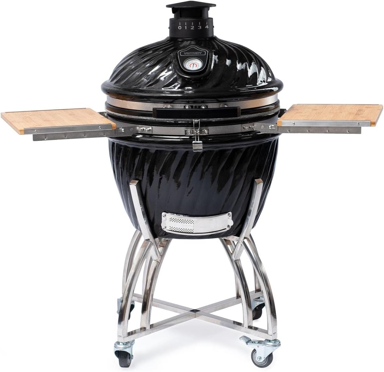 21-Inch Kamado Grill & Smoker with Stainless Steel Cart and Bamboo Side Shelves O667