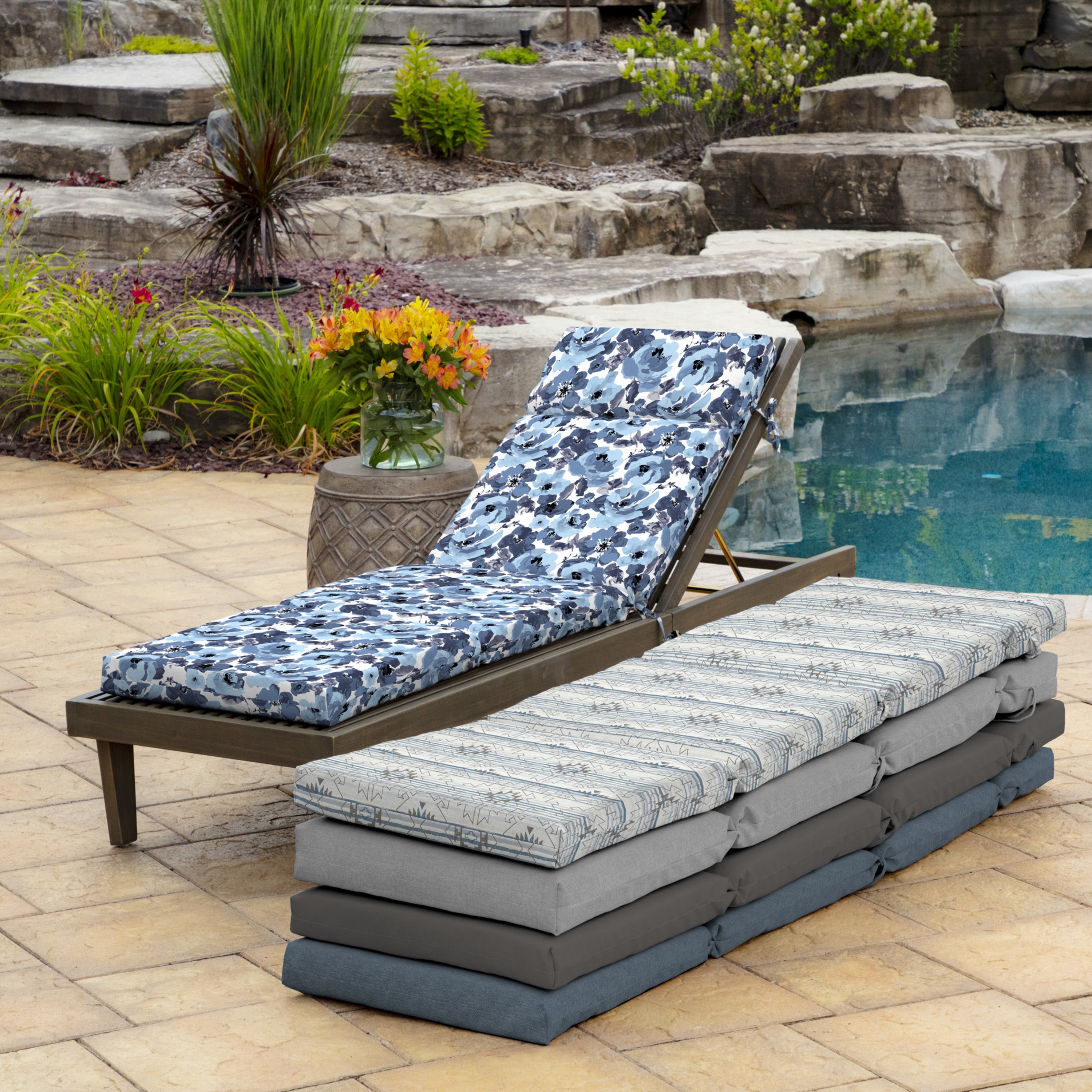 Blue Garden Floral Outdoor Chaise Lounge Cushion 72 x 21 J9387