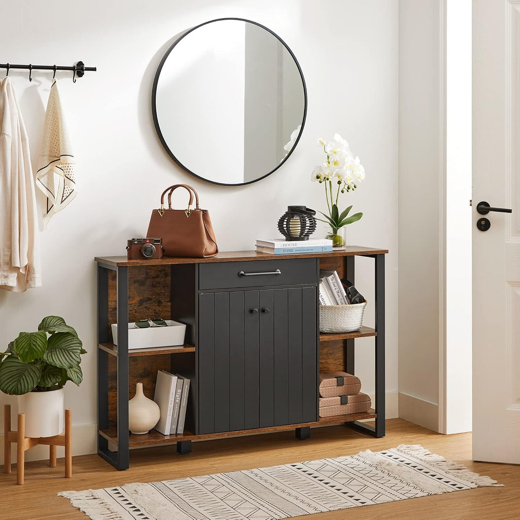 Rustic Brown and Black Steel Frame Buffet Cabinet with Drawer and Shelves T49802